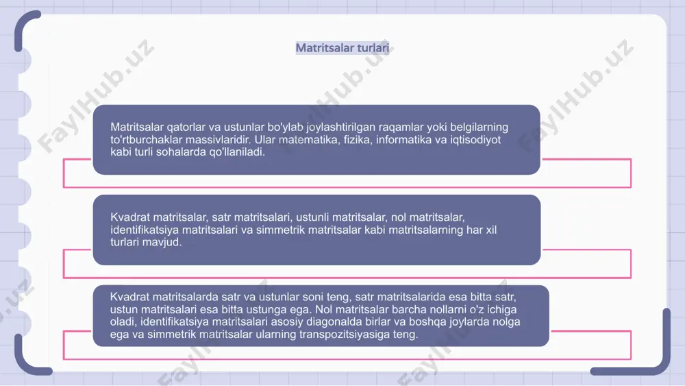 ish va ayirish matritsalarning o'lchamlari bir xil bo'lganda amalga oshirilishi mumkin. matritsalarni qo'shish yoki ayirish uchun matritsalarning mos elementlarini qo'shish yoki ayirish kifoya. matritsalarni qo'shish yoki ayirish natijasi dastlabki matritsalar bilan bir xil o'lchamlarga ega bo'lgan yangi matritsadir. olingan matritsadagi har bir element asl matritsalardagi mos keladigan elementlarning yig‘indisi yoki farqidir. matritsalarni qo'shish va ayirish matritsalar elementlarini birlashtirish yoki ajratish sifatida ko'rinishi mumkin. matritsalarni qo'shish yoki ayirish chiziqli tenglamalar tizimini echish va kompyuter grafikasida o'zgartirishlarni amalga oshirish kabi ilovalarda foydalidir. matritsalar yordamida chiziqli tenglamalarni yechish matritsalar chiziqli tenglamalar tizimini yechishda muhim vositadir. koeffitsientlar va konstantalarni matritsa sifatida ifodalash orqali yechimni topish uchun matritsa amallaridan foydalanishimiz mumkin. ushbu usul samarali va chiziqli tenglamalarni echishda tizimli yondashuvni ta'minlaydi. matritsalarning qo'llanilishi matritsalar kompyuter grafikasida tarjima, aylantirish va masshtablash kabi oʻzgarishlarni ifodalash uchun keng qoʻllaniladi. ular, shuningdek, chiziqli tenglamalar tizimini ifodalash va hal qilish uchun ma'lumotlarni tahlil qilish va mashinani o'rganishda qo'llaniladi. iqtisodiyotda matritsalar …