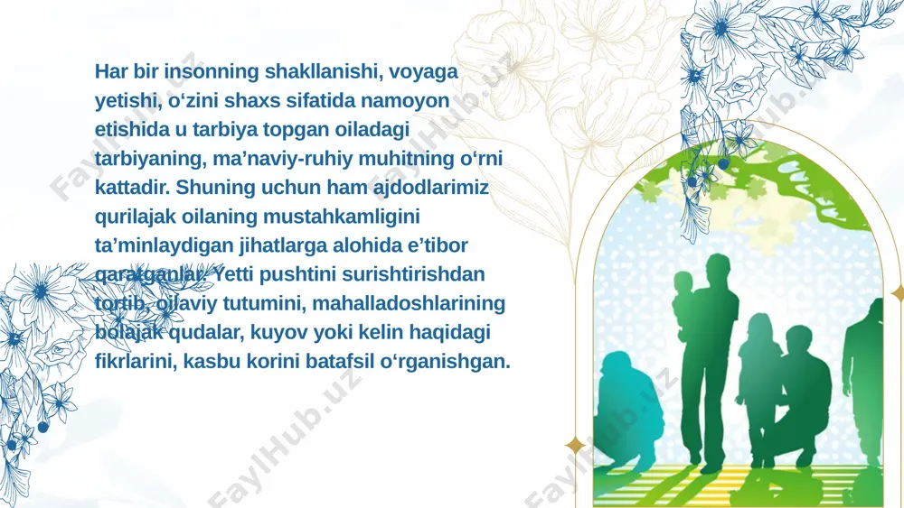 olalari boʻlsa, nuklear oila deyiladi) va qon-qarindosh (nuklear oila va qaynata-qaynana birga yashovchi) tiplarga ajratishadi. oila — nikoh yoki tugʻishganlikka asoslangan kichik guruh. uning aʼzolari roʻzgʻorining birligi, oʻzaro yordami va maʼnaviy masʼuliyati bilan bir-biriga bogʻlangan. oilaning eng muhim ijtimoiy vazifalari — inson zotini davom ettirishdan, bolalarni tarbiyalashdan, oila aʼzolarining turmush sharoitini va boʻsh vaqtini samarali uyushtirishdan iboratdir. oilaviy munosabatlar nisbatan mustaqil hodisa sanalsa-da, jamiyatdagi mavjud ijtimoiy, iqtisodiy, mafkuraviy munosabatlar bilan belgilanadi va ular taʼsirida oʻzgarib boradi. shunga muvofiq, har bir jamiyat oʻzgarib mos oila tipini, oilaviy munosabatlarni oʻrnatadi. oila jamiyat tarixida azaldan mavjud boʻlmagan. ibtidoiy jamoa tuzumining birinchi bosqichida, kishilar toʻda-toʻda boʻlib yashayotgan davrda jinslar orasidagi munosabatlar muayyan tartib-qoidaga ega boʻlmay, toʻdadagi barcha erkaklar va ayollar bir-birlariga umumiy er-xotin hisoblangan. tarixiy taraqqiyot jarayonida jinsiy munosabatlar asta-sekin muayyan tartibga solina boshlandi. dastlab ota-ona bilan farzandlar, soʻngra aka-uka va opa-singillar orasidagi jinsiy munosabatlar taqiqlanib, guruhli oila paydo boʻlgan, lekin bu oilalarda hali …