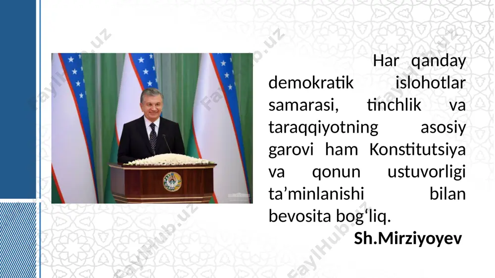 ii bob. saylov tizimi xxiv bob. prokuratura xxv bob. moliya va kredit xxvi bob. mudofaa va xavfsizlik shaxsiy huquq va erkinliklar 24-modda. yashash huquqi har bir insonning uzviy huquqidir. inson hayotiga suiqasd qilish eng og‘ir jinoyatdir. 25-modda. har kim erkinlik va shaxsiy daxlsizlik huquqiga ega. hech kim qonunga asoslanmagan holda hibsga olinishi yoki qamoqda saqlanishi mumkin emas. siyosiy huquqlar 32-modda. o‘zbekiston respublikasining fuqarolari jamiyat va davlat ishlarini boshqarishda bevosita hamda o‘z vakillari orqali ishtirok etish huquqiga egadirlar. davlat organlarining faoliyati ustidan jamoatchilik nazoratini amalga oshirish tartibi qonun bilan belgilanadi. bosh qomusimizda insonning ijtimoiy huquqlariga ham katta e’tibor qaratilgan bo‘lib, ayniqsa mehnat qilish, erkin kasb tanlash, adolatli mehnat sharoitlarida ishlash, ishsizlikdan himoyalanish, dam olish, ijtimoiy ta’minot olish kabi huquqlar alohida konstitutsiyaviy darajada e’tirof etilgan. (37,39-modda) ijtimoiy huquqlar har qanday jamiyat va davlat taraqqiyotining eng muhim shartlaridan biri – bu ta’lim sifati hisoblanadi. asosiy qonunimizda har kim bilim olish huquqiga egaligi, bepul …