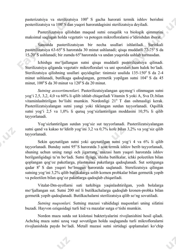 saqlanganda qaymog‘i yuzasiga yeg‘ilib qolmasligi uchun gomogenizatsiya qilinadi. gomogenizatsiya qilish natijasida yog‘ emulsiyasi despersik darajasi ko‘tariladi. sutni gomogenizatsiya qilish uchun maxsus qurilma gomogenizator ishlatiladi. sutni 60-650 s da, 15-20 mpa bosimda gomogenizatsiya qilinadi. gomogenizatsiya qilingan sut termik ishlov berishga uzatiladi. sutga termik ishlov berilganda bakteriyani vegatativ formasi, sporalari halok bo‘ladi. sut bakteriyani rivojlanish jarayoni uchun yaxshi oziqlanish muhiti hisoblanadi. shuning uchun sut xom ashyosiga termik ishlov berish zarur bo‘lgan texnologik jarayonlardan hisoblanadi. termik ishlov berish 2 xil bo‘ladi: pasterizatsiya va sterilizatsiya 1000 s gacha harorati termik ishlov berishni pesterilizatsiya va 1000 s dan yuqori haroratdagisini sterilizatsiya deyiladi. pasterilizatsiya qilishdan maqsad sutni ozuqalik va biologik qimmatini maksimal saqlagan holda vegetativ va potogen mikrofloralarni o‘ldirishdan iborat. sanoatda pasterilizatsiyan bir necha usullari ishlatiladi. surinkali pasterilizatsiya 63-650 s haroratda 30 minut ushlanadi; qisqa muddatli 72-750 s da 15-200 s ushlanadi; bir zumda 650 haroratda va undan yuqorida ushlab turmasdan. ichishga mo‘ljallangan sutni qisqa muddatli …