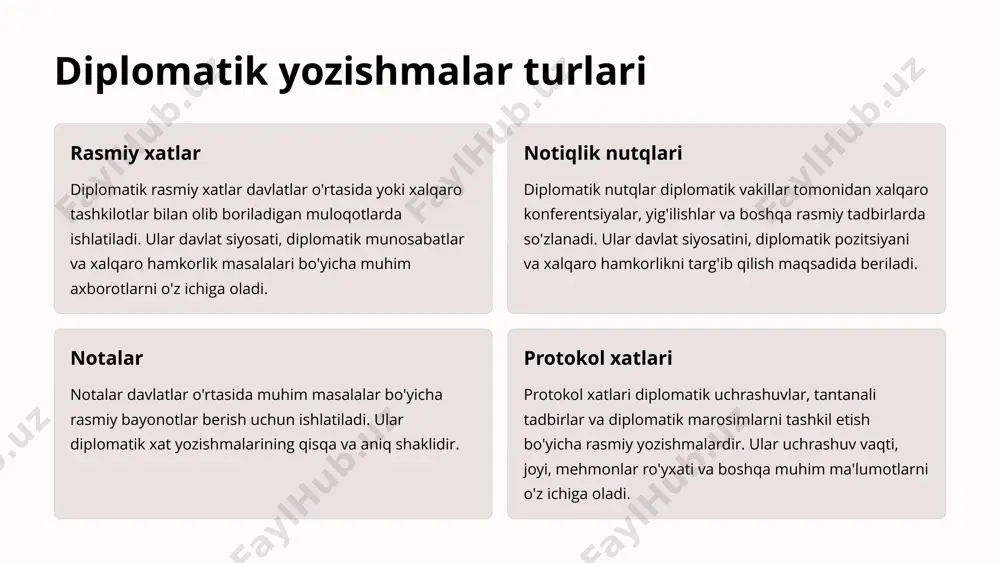 ishi mumkin. xat yozishda rasmiy uslubga rioya qilish kerak. faks faks - bu hujjatlarni tezda yuborish va olish uchun ishlatiladigan elektron aloqa vositasi. fakslar xatlarga qaraganda tezroq yuboriladi va olinadi. faks orqali yuborilgan hujjatlar odatda asl nusxasi sifatida qabul qilinadi va ularning elektron imzosini tasdiqlash uchun qo'shimcha protseduralar mavjud. elektron pochta elektron pochta - bu zamonaviy biznes aloqasi vositasi. elektron pochta orqali xabarlar tezda yuboriladi va olinadi. elektron pochta xabarlari xatlarga qaraganda kamroq rasmiy uslubda yoziladi. elektron pochta orqali hujjatlar yuborishda elektron imzo yoki raqamli imzo qo'yish tavsiya etiladi. 8 tijorat yozishmalarining turlari va ularga qo'yiladigan talablar xatlar xatlar - bu tijorat aloqalarida eng keng tarqalgan tur. ular turli maqsadlar uchun ishlatiladi, masalan, takliflar, so'rovlar, shikoyatlar, rahmatnoma va boshqalar. fakslar fakslar hali ham ba'zi hollarda ishlatiladi, ayniqsa shoshilinch hujjatlarni yuborishda. ular rasmiy hujjatlarni yuborish uchun ham mos keladi. elektron pochta elektron pochta - bu tez va qulay aloqa vositasi. u …