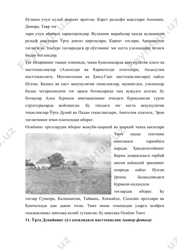 пайдо бўлган ороллар ҳам кўп; булар-рюкю, зонд оролларидан баъзилари ва бошқалардир. мезокайнозой ёшидаги бурмали минтақалар учун пегматит ва гидротермал йўл билан пайдо бўлган рангдор металл рудаларининг тарқалганлиги характерлидир. буларкарпат тоғларидаги ва болқон ярим оролидаги мис, қўрғошин, рух запаслари, жанубий хитойдан ҳиндихитой ярим ороли орқали малакка ҳамда индонезиягача чўзилиб кетган машҳур қалай ва қалай-вольфрам минтақаси, япон оролларидаги рангли металл конлари ва бошқалардир. чўкинди ётқизнқларда пайдо бўлган металл фойдали қазилмаларга альп, карпат, ғарбий ҳиндихитой ва индонезия тоғларининг чекка зоналарида жойлашган боксит конлари киради. чекка букилмалар ва тоғ орасидаги ботиқлар нефть ҳамда газга бой. карпатолди ва месопотамия чекка букилмалари ҳамда ўрта дунай ботиғи бу жиҳатдан алоҳида ажралиб туради. кўп ботиқларда шунингдек қўнғир кўмир ва туз конлари тарқалган. турли ёшдаги структураларни кесиб ўтувчи ёш тектоник ёриқлар бўйлаб термал ва минераллашган сувлар оқиб чиқади.