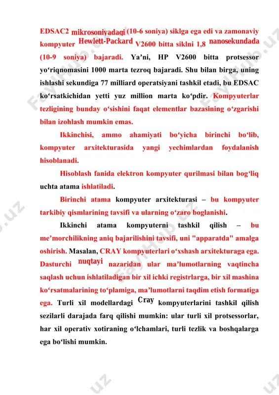 asi bilan bogʻliq uchta atama ishlatiladi. birinchi atama kompyuter arxitekturasi – bu kompyuter tarkibiy qismlarining tavsifi va ularning oʻzaro boglanishi. ikkinchi atama kompyuterni tashkil qilish – bu meʼmorchilikning aniq bajarilishini tavsifi, uni "apparatda" amalga oshirish. masalan, cray kompyuterlari oʻxshash arxitekturaga ega. dasturchi nuqtayi nazaridan ular maʼlumotlarning vaqtincha saqlash uchun ishlatiladigan bir xil ichki registrlarga, bir xil mashina koʻrsatmalarining toʻplamiga, maʼlumotlarni taqdim etish formatiga ega. turli xil modellardagi cray kompyuterlarini tashkil qilish sezilarli darajada farq qilishi mumkin: ular turli xil protsessorlar, har xil operativ xotiraning oʻlchamlari, turli tezlik va boshqalarga ega boʻlishi mumkin. uchinchi atama — bu kompyuter sxemasi, uning elektron tarkibiy qismlarining batafsil tavsifi, ularning ulanishlari, elektr taʼminoti, sovitish va boshqalar. dasturchi koʻpincha kompyuterning arxitekturasi, kamroq tashkil etilishi va kompyuter sxemasi haqida ko’p bilim talab qilmaydi. kompyuter arxitekturasidagi inqilob bir nechta harakatlarni bir vaqtning oʻzida (parallel) bajarish gʻoyasini oʻzida mujassam etgan maʼlumotlarni parallel ishlash prinsipi bilan amalga oshiriladi. parallel maʼlumotlarni …