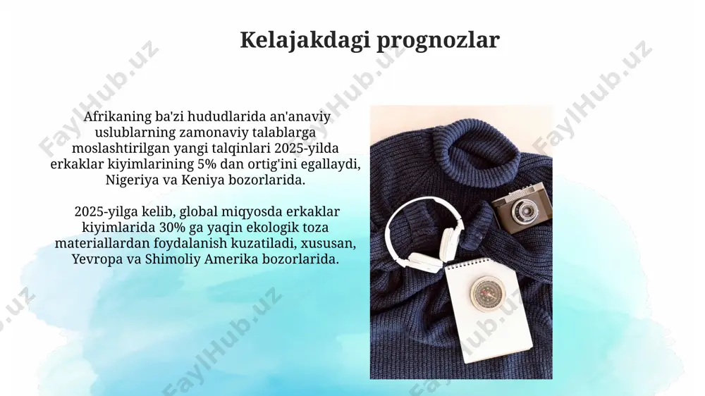 qayta ishlangan poliester kabi qayta ishlangan materiallardan foydalanish 20% ga oshishi va jahon moda sanoatining 500 ta yirik brendlaridan kamida 100 tasi tomonidan faol qo'llanilishi prognoz qilinmoqda. ranglar va naqshlar global trend tahlilchilari taxmin qilishicha, 2025 yilda yaponiyadan ilhomlangan minimalist uslub bilan birga, to'q ko'k, quyuq yashil va to'q binafsha ranglar kabi chuqur, boy ranglar va nozik chiziqli naqshlar moda bo'ladi. janubiy koreyadan kelgan 30 dan ortiq dizaynerlarning prognozlariga ko'ra, 2025-yilgi erkaklar kiyimlarida tabiiy, neytral ranglar, jumladan, bej, kulrang va jigarrang soyalar bilan birga, o'simlik naqshlari va kamuflyaj kabi kamtarona naqshlar mashhur bo'ladi. davrga moslashgan uslublar davrga moslashgan uslublar kontekstida, 2025-yilda yaponiyadan kelib chiqqan minimalist va funktsional dizayn elementlariga ega bo'lgan kiyimlar 15-20% ga o'sish kuzatiladi. 2025-yilda global miqyosda, xususan, yevropa va shimoliy amerika mamlakatlarida 30% ga yaqin erkaklar kiyimlarida funktsional va qulaylikka urg'u berilgan davrga moslashgan uslublar ustunlik qiladi. ko'cha uslubi "ko'cha uslubi"ning aksessuarlari, jumladan, beysbolkalpak va sport sumkalari …