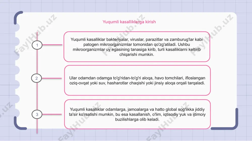larini to'g'ri ishlatish va saqlashni mashq qilish va nafas olish gigienasini targ'ib qilishni o'z ichiga oladi. yuqumli kasalliklar epidemiologiyasi yuqumli kasalliklar bakteriyalar, viruslar, zamburug'lar yoki parazitlar kabi patogen mikroorganizmlardan kelib chiqadi. yuqumli kasalliklarning tarqalishi va nazoratini o'rganadigan fan epidemiologiya deb nomlanadi. epidemiologlar yuqumli kasalliklarning shakllari, sabablari va oqibatlarini tushunish uchun ma'lumotlarni tahlil qiladilar. yuqumli kasalliklar diagnostikasi va davolash yuqumli kasalliklarga bakteriyalar, viruslar, zamburug'lar va parazitlar kabi mikroorganizmlar sabab bo'ladi. tashxis laboratoriya tekshiruvlari orqali o'ziga xos patogenni aniqlashni o'z ichiga oladi. davolash usullari antibiotiklarni, antiviral preparatlarni, antifungal agentlarni va antiparazitar dorilarni qo'llashni o'z ichiga oladi. yuqumli kasalliklarning oldini olish choralariga emlash, yaxshi gigiena qoidalariga rioya qilish va infektsiyalangan odamlar bilan yaqin aloqa qilmaslik kiradi. sog'liqni saqlash sohasidagi sa'y-harakatlar kuzatuv, epidemiyani tekshirish va nazorat choralarini amalga oshirishga qaratilgan. yuqumli kasalliklar odamlarga, jamoalarga va sog'liqni saqlash tizimlariga sezilarli ta'sir ko'rsatishi mumkin. erta tashxis qo'yish va o'z vaqtida davolash yuqumli kasalliklar tarqalishining oldini olish …