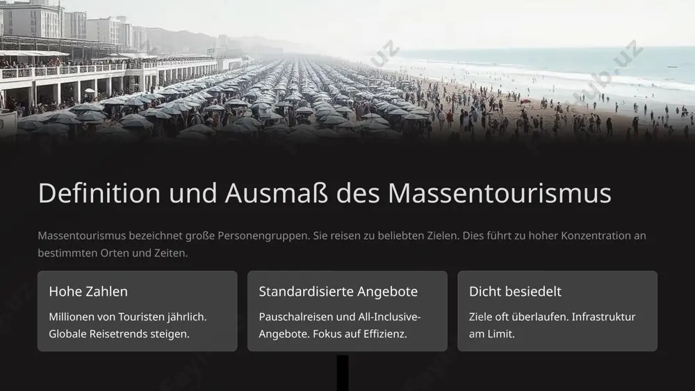 heimische. er führt zu steigenden preisen. kulturen werden kommerzialisiert und authentische traditionen gehen verloren. gentrifizierung steigende mieten und lebenshaltungskosten. kulturloss authentizität geht verloren, kommerzialisierung von bräuchen. überfüllung lärm und stress für anwohner, verlust an lebensqualität. 6 beispiele für betroffene destinationen viele bekannte reiseziele leiden unter massentourismus. barcelona und venedig kämpfen mit überfüllung. auch inseln wie mallorca sind betroffen. destination herausforderungen venedig, italien überschwemmung, verlust der lebensqualität für einheimische barcelona, spanien wohnungsknappheit, lärmbelästigung, kulturelle homogenisierung mallorca, spanien ressourcenverbrauch, umweltverschmutzung, saisonalität 7 lösungsansätze: nachhaltiger tourismus nachhaltiger tourismus schützt umwelt und kultur. er fördert lokale gemeinschaften. er bietet langfristig positive erlebnisse für alle. umweltschutz reduzierung des ökologischen fußabdrucks. soziale gerechtigkeit beteiligung und nutzen für lokale bevölkerung. wirtschaftliche fairness faire verteilung von einnahmen. 8 lösungsansätze: alternative reiseformen individuelles reisen und abenteuertourismus sind alternativen. auch sanfter tourismus und bildungstourismus bieten lösungen. sie verteilen reisende besser. individuelles reisen fokus auf persönliche erlebnisse. abenteuertourismus erkundung weniger bekannter …