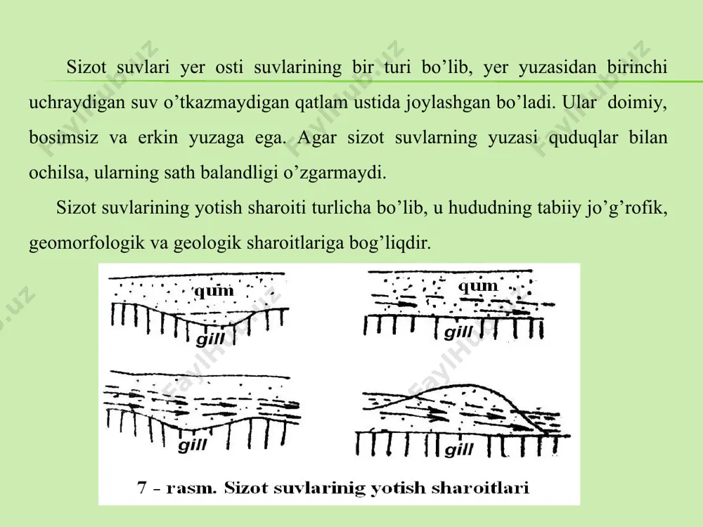 ps xaritasini tuzish uchun tadqiqot maydonida kavlangan quduqlarda va o’rnatilgan gidropostlarda sath o’lchash ishlari bajariladi. sizot suvlarining sathi o’zgaruvchan bo’lganligi uchun gidroizogips xaritasi sath o’lchangan kun yoki haftaga xos bo’lgan holatni aks etdiradi. shuning uchun xarita ma'lum davrlar uchun bir vaqtda o’lchangan o’lchovlar natijasidan foydalanib tuziladi. bu xaritada bosimsiz sizot suvlari yuzasining tuzilishi gidroizogipslarda, yotish chuqurligi esa izobatlarda tasvirlanadi. gorizantallar yer yuzasining bir xil sath balatliklarini tutashtiruvchi egri chizmaga aytiladi. izobat sizot suvlari bir hil chuqurliklarda yotgan maydonlarning chegarasini belgilaydi. ma’lum bir hududda gidrogeologik qidruv ishlari o’tkazilgan tatqiqot uchun 25 ta quduq qazilgan so’ngra har bir quduqning yer yuzasi mutlaq balandligi nivelir yordamida aniqlangan. xar bir quduqdan sizot suvlarning chuqurligi o’lchangan. berilgan: qidiruv maydonining kattaligi 400x400, m. undan kichik daryo oqib o’tadi. daryoning joylashishini "d" belgisi bo’lgan gidropostlar ko’rsatadi maydonchada sizot suvlarini ochish uchun burg’ilash quduqlari kavlangan. burgilash quduqlari va gidropostlar tarixda kvadrat turining burchagida bir-birlaridan 100 m masofada joylashgan. …