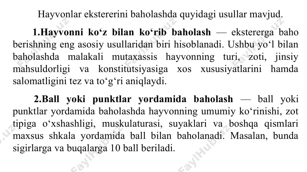 3 yelinlari yelinining hajmi, sut venalari, oldingi va keyingi so‘rg‘ichlari tanasiga yopishib turganligi, so‘rg‘ichlarining bir tekis rivojlanishi 5 oldingi va keyingi oyoqlari mustahkamligi va qo‘yilishi, tuyog‘ining shakli va mustahkamligi 2 jami 10 ko’zda chamalash usuli bilan sigirlarni baholash natijalari ko‘rsatkichlar buqalarni baholashda foydalaniladigan ko‘rsatkichlar ball umumiy ko‘rinishi va rivojlanishi tana tuzilishining mutanosibligi, konstitutsiyasining pishiqligi, zot xususiyatlarining ifodalanganligi, erkaklik tipining ifodalanganligi, muskullari, suyaklari 4 muchalari boshi, bo‘yni, ko‘kragi, yag‘rini orqasi, beli, tanasining keyingi qismi va orqa qismi 4 oldingi va orqa oyoqlari oldingi va orqa oyoqlarining baquvvatliligi va qo‘yilishi, tuyoqlarining baquvvatligi va shakli 2 jami 10 ko‘rsatkich baholashda o‘rganiladigan omillar yuqori baho olgan bahosi umumiy rivojlanishi va ko‘rinishi tana tuzilishining mutonosibligi, konstitutsiyasining pishiqligi zot xususiyatlarining ifodalanganligi, erkaklik tipining ifodalanganligi, muskullari, suyaklari 4 muchalari boshi, bo‘yni, ko‘kragi, yag‘rining orqasi, beli tanasining keyingi qismi orqa qismi 4 oldingi va orqa oyoqlari oldingi va orqa oyoqlarining baquvvatli- ligi va qo‘yilishi, tuyoqlarining baquvvatligi va shakli …