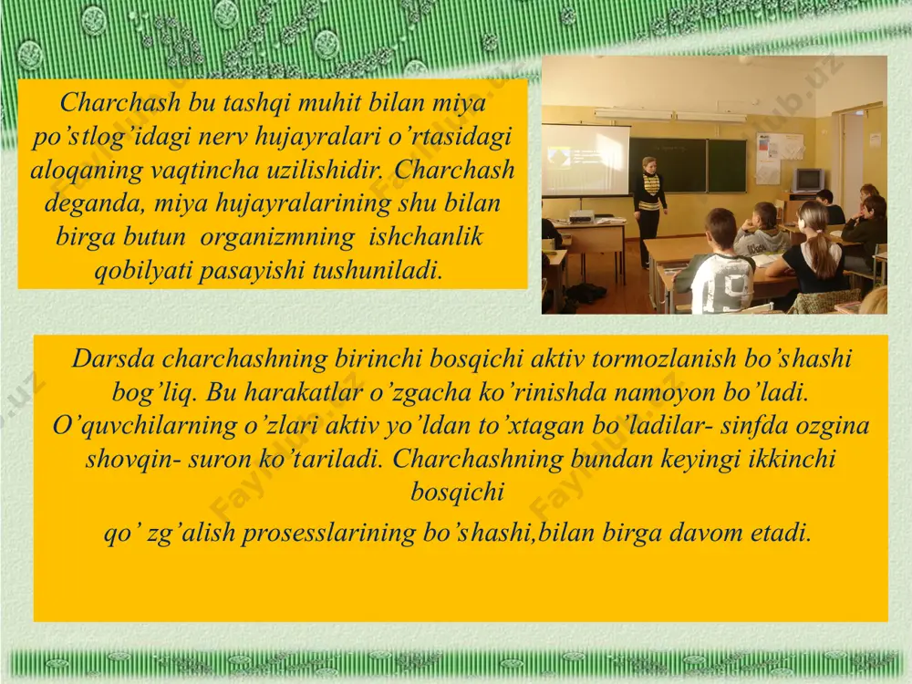 i. bu negativ holatlarni yo’qotish uchun ota- onalar, vrachlar va pedagoklar birgalikda ish olib borib, uni yuzaga keltirgan sabablarni bartaraf etishga harakat qilishlari kerak. buning uchun maktabda dars jadvallari va o’quv yuklamalari bolaning yosh xususiyatini hisobga olgan holda tuzilishi, o’quvchilar vitaminlarga boy, yuqori kaloriyali ovqatlar iste’mol qilishi, aktiv dam olishi sof havoda sayr qilishi, tonusi kuchaytiradigan achiq choy, kofeyn, kofe ichmasliklari kerak. o’qituvchilar o’quvchilar bilan, ularning xarakterini, hisobga olgan holda muomala qilishlari kerak. o’ta charchash natijasida nerv sistemasida qo’zg’alish va tormozlanish kelishib ishlash xususiyatini buzilishiga ya’ni asabiylik yoki nevrozga olib keladi. dars materialini tushuntirishda ko’rgazma qurollaridan (rasmlar namoyish qilish, tajribalar ko’rsatish) didaktiv o’quv vositalaridan maksimal foydalanish. adabiyotlar: yunusov a. yu. odam fiziologiyasi. toshkent. «o’qituvchi». 1964 y. 511 bet. 2. maxmudov e., aminov b., qurbonov sh. o’smirlar fiziologiyasi va maktab gigienasi. toshkent. «o’qituvchi». 1984 y. 181 bet. 3. azimov i, sobitov sh. umumiy va sport fiziologiyasidan amaliy mashg’ulotlar. toshkent. «o’qituvchi». 1985 …