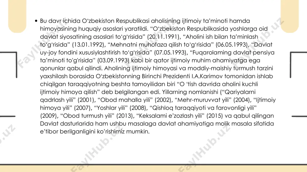 etmoqda. o‘tgan yigirma besh yilda 482 nafar shaxsga fuqarolik berilgan bo‘lsa, 2020-yilda 50 mingdan ziyod kishi shu huquqqa ega bo'ldi. bu esa bmtning fuqaroligi bo‘lmagan insonlar sonini kamaytirishga qaratilgan chaqirig‘iga munosib javobdir. 2018- 2019-yillarda toshkent shahri va toshkent viloyatida ko‘chmas mulk sotib olish bilan bog‘liq cheklovlar bekor qilingani tufayli 40 mingdan ortiq fuqaro poytaxt mintaqasida sotib olgan uy-joylarini o‘z nomiga rasmiylashtirish imkoniga ega bo‘ldi. xulosa qilib aytganda, tanlangan kuchli ijtimoiy siyosat tufayli islohotlar arafasida eng noqulay boshlang‘ich shart-sharoitlarga, ijtimoiy ziddiyatlarga ega bo'lgan o‘zbekiston ijtimoiy mojarolarni chetlab o‘tishga muvaffaq bo‘ldi. oldindan ko‘rilgan oqilona ijtimoiy chora-tadbirlar mamlakatimizda ijtimoiy-siyosiy barqarorlikni ta’minladi. 1996-yilning 29-avgustidan “fuqarolar sog‘lig‘ini saqlash to‘g‘risida”gi qonun kuchga kirdi, unda davlat siyosatining sog‘liqni saqlash tizimiga yangicha yondashuvi ifodalandi. bozor iqtisodiyotiga o‘tish sharoitida tibbiyot muassasalarini xususiylashtirish tadbirlari amalga oshirildi. 2001 -yilda sog’liqni saqlash vazirligi tomonidan faoliyat yuritish uchun litsenziya (ruxsatnoma) olgan nodavlat muassasalar va firmalar soni 1700 taga, shaxsiy tibbiy xizmat ko‘rsatuvchi subyektlar …