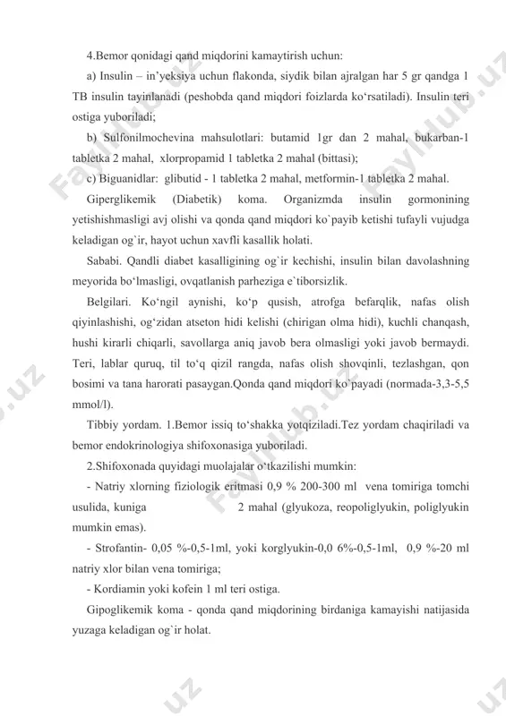 in 1 ml teri ostiga. gipoglikemik koma - qonda qand miqdorining birdaniga kamayishi natijasida yuzaga keladigan og`ir holat. sababi. qandli diabetda insulin va boshqa qand miqdorini kamaytiruvchi dorilar dozasining meyoridan ortiq qo‘llanilishi tufayli yuzaga keladigan og`ir kasallik holati. belgilari: to‘satdan bosh og`rishi, ochlik hissi, terlash, terining oqarishi, yurak va tomir urishi tezlashuvi, qaltirash, ko‘rish qobiliyatini buzilishi, mushaklar trishishi, chuqur shovqinli to‘xtab-to‘xtab nafas olish, qonda qand miqdorining kamayishi, ya’ni 2,8 mmol/l dan pasayishi (normada 3,3-5,5 mmol/l). tibbiy yordam. 1.bemor issiq to‘shakka yotqiziladi. 2. tez yordam chaqirilib endokrinologiya shifoxonasiga yuboriladi. 3.tez yordam kelgunicha quyidagi muolajalar o‘tqaziladi: - bir piyola shakarli choy va bulochka (oq non) bemorga beriladi; - iloji bo`lsa, glyukoza 40% -40 ml vena tomiriga. 4.shifoxonada quyidagi muolajalar qilinishi mumkin: - glyukoza 40% -40-50 ml vena tomiriga takror yuboriladi; - glyukogon-1ml muskul orasiga; - kordiamin yoki kofein – 1-2 ml teri ostiga. toksik bo‘qoq (bazedov kasalligi)–qalqonsimon bez hajmining kattalashuvi va bez …