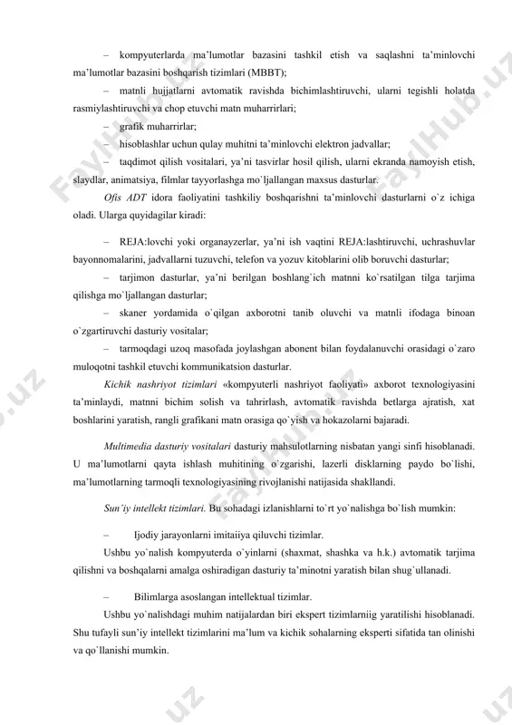 nli ifodaga binoan o`zgartiruvchi dasturiy vositalar; · tarmoqdagi uzoq masofada joylashgan abonent bilan foydalanuvchi orasidagi o`zaro muloqotni tashkil etuvchi kommunikatsion dasturlar. kichik nashriyot tizimlari «kompyuterli nashriyot faoliyati» axborot texnologiyasini ta’minlaydi, matnni bichim solish va tahrirlash, avtomatik ravishda betlarga ajratish, xat boshlarini yaratish, rangli grafikani matn orasiga qo`yish va hokazolarni bajaradi. multimedia dasturiy vositalari dasturiy mahsulotlarning nisbatan yangi sinfi hisoblanadi. u ma’lumotlarni qayta ishlash muhitining o`zgarishi, lazerli disklarning paydo bo`lishi, ma’lumotlarning tarmoqli texnologiyasining rivojlanishi natijasida shakllandi. sun’iy intellekt tizimlari. bu sohadagi izlanishlarni to`rt yo`nalishga bo`lish mumkin: · ijodiy jarayonlarni imitaiiya qiluvchi tizimlar. ushbu yo`nalish kompyuterda o`yinlarni (shaxmat, shashka va h.k.) avtomatik tarjima qilishni va boshqalarni amalga oshiradigan dasturiy ta’minotni yaratish bilan shug`ullanadi. · bilimlarga asoslangan intellektual tizimlar. ushbu yo`nalishdagi muhim natijalardan biri ekspert tizimlarniig yaratilishi hisoblanadi. shu tufayli sun’iy intellekt tizimlarini ma’lum va kichik sohalarning eksperti sifatida tan olinishi va qo`llanishi mumkin. · ehmlarning yaigi arxitekturasini yaratish. bu yo`nalish sun’iy tafakkur …