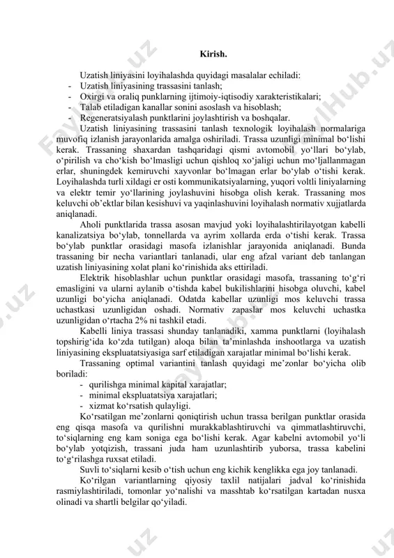 r-biriga intilishi, punktlarning ijtimoiy-iqtisodiy va ma’daniy rivojlanganlik darajasiga, birinchi navbatda aholi soniga bog‘liq. shuning uchun xarakteristikada oxirgi ro‘yxatga olish ma’lumotlari bo‘yicha aholi soni, og‘ir va engil ishlab chiqarish korxonalari haqidagi moliyaviy-kredit va investitsiya muassasalari, ma’daniyat markazlari, ilmiy tadqiqot markazlari va o‘quv yurtlari, transport va aloqa, savdo-sotiq va b.q. haqidagi ma’lumotlar keltiriladi. keltirilgan ma’lumotlar asosida belgilangan aholi punktlarining bir-biriga intilish darajasi haqida, ularni turli xildagi telekommunikatsiya xizmatlari bilan ta’minlash haqida xulosa qilinadi. berilgan aholi punktlarini bog‘lovchi, kerakli kanallar sonini hisoblash va asoslash, bu punktlardagi aholining soniga va aholining ayrim guruhlarining o‘zaro aloqa va turli xildagi xabarlar bilan almashinuviga qiziquvchanlik darajasiga bog‘liq. istalgan aholi punktidagi aholi soni oxirgi ro‘yxatga olishning statistik ma’lumotlari asosida aniqlanishi mumkin. istiqbolli loyihalashda aholining o‘sishini e’tiborga olish kerak. istiqbolli loyihalash yili hozirgi vaqtga nisbatan 5...10 yil oldinga qabul qilinadi. bir abonent hosil qiladigan solishtirma yuklamani, berilgan yo‘qotishlar qayd etilgan ulanishlarni va loyihalashtirilayotgan magistralniig ma’lum punktlarida telefon zichligini hisobga …