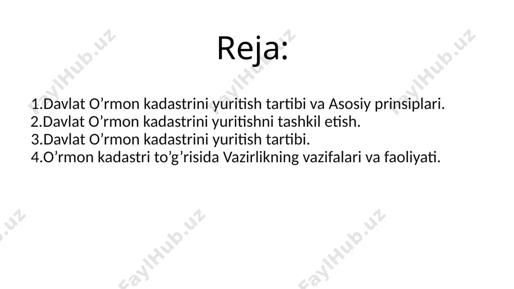 t binolar va inshootlar kadastri axborotlaridan majburiy foydalanishni nazarda tutadi. davlat o‘rmon kadastri obyektlariga taalluqli yer uchastkalari, binolar va inshootlarga bo‘lgan huquqlarni davlat ro‘yxatidan o‘tkazish vakolatli organlar tomonidan, ko‘chmas mulkka huquqlarni ro‘yxatdan o‘tkazish uchun qonun hujjatlarida belgilangan tartibda amalga oshiriladi. davlat yer kadastridan davlat o‘rmon kadastriga beriladigan davlat o‘rmon kadastri obyektlariga taalluqli yer uchastkalari to‘g‘risidagi yer-kadastr axborotlarida yerlarning maqsadli foydalanilishi bo‘yicha tuzilmasi, yer uchastkalariga huquqlarning davlat ro‘yxatidan o‘tkazilganligi (shu jumladan yerlardan foydalanishda servitutlarda belgilangan mavjud cheklashlar va zo‘riqtirishlar to‘g‘risidagi ma’lumotlar), yerlarning miqdori va sifati to‘g‘risidagi ma’lumotlar mavjud bo‘lishi kerak. binolar va inshootlar davlat kadastridan davlat o‘rmon kadastriga beriladigan davlat o‘rmon kadastri obyektlariga taalluqli binolar va inshootlar to‘g‘risidagi kadastr axborotlarida ulardan maqsadli foydalanilishi, huquqlarning davlat ro‘yxatidan o‘tkazilganligi, asosiy miqdor va sifat tavsiflari to‘g‘risidagi ma’lumotlar mavjud bo‘lishi kerak. davlat o‘rmon kadastrini yuritish qog‘oz va/yoki elektron manbalarda amalga oshiriladi. davlat o‘rmon kadastri obyektlari to‘g‘risidagi tizimlashtirilgan kadastr axborotlari belgilangan tartibda davlat kadastrlari yagona tizimiga …