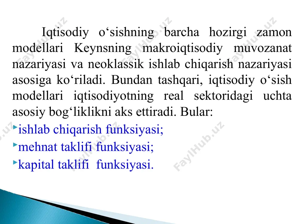 t real daromadlarining o‘sishi, shuningdek, jon boshiga to‘g‘ri keladigan real daromadlarning o‘sishini ham anglatadi. shu sababli ham iqtisodiy o‘sish ikki xil usul bilan o‘lchanadi. birinchi usulda iqtisodiy o‘sish real yaim ni o‘tgan davrga nisbatan o‘zgarishi sifatida aniqlanadi va mamlakatning umumiqtisodiy imkoniyatlari dinamkasini aniqlash uchun ishlatiladi. ikkinchi usulda iqtisodiy o‘sish aholi jon boshiga to‘gri keladigan real yaim ning o‘tgan davrga nisbatan o‘zgarishi sifatida aniqlanadi. iqtisodiy o‘sish nazariyasi va modellarida yaim o‘rniga sim, yamd, smd ko‘rsatkichlaridan ham foydalanilishi mumkin. iqtisodiy nazariyada iqtisodiy o‘sish daromadlarni qanday nisbatlarda iste’mol va investitsiyalarga bo‘linishiga bog’liq deb qarataqi. iste’mol hajmi dinamikasi iqtisodiyotning provard maqsadini va yashash darajasi oshishini bildirsa, investitsiyalar hajmining o‘zgarishi resurs imkoniyatlarining o‘sishi va texnik yangiliklarning moddiylashishini anglatadi. iste’mol va investitsiya o‘rtasida etarlicha muqobillik mavjud, chunki, joriy iste’mol miqdorining oshishi investitsiyalarning daromaddagi ulushini pasaytirish iqtisodiy o‘sish imkoniyatlarini qisqartiradi. iqtisodiy o‘sish real kattaliklarda, qiyosiy baholarda o‘lchanadi. har bir mamlakat iqtisodiy o‘sishga intiladi, chunki iqtisodiy o‘sish, birinchidan, …
