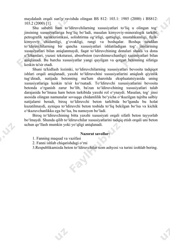 kam bo‘lib, yuqorida keltirilgani kabi yaxshi ko‘pchiydigan xom ashyoni qo‘llash keramzit ishlab chiqarishda harajatlarni oqlaydi. keramzit olishda katta yoqilg‘i sarfi kuzatiladi, yoqilg‘ining aylanma pechlarda ishlatish koeffitsienti esa 30% dan ortmaydi. aylanma pechdan chiqadigan issiqlikni xom granulalarni quritishda ishlatish ham ko‘pincha bu muammoni yechmaydi. keramzit va boshqa g‘ovak to‘ldiruvchilarni olishda sanoat chiqindilari kam ishlatiladi. shu sababli sun'iy g‘ovak to‘ldiruvchilar ishlab chiqarish strukturasini sanoat chiqindilari, ayniqsa yoqilg‘i tarkibli xomashyolardan olinadigan agloporit, shlakli pemza va boshqa to‘ldiruvchilar ishlab chiqarish orqali yaxshilash mumkin. to‘ldiruvchilar beton tarkibining to‘rtdan uch qismini tashkil etadi, shu sababli ham uning sifati katta ahamiyatga egadir. to‘ldiruvchilarning xususiyatlari nafaqat betonning mustahkamligiga, balki uning uzoq muddatga chidamligiga va ekspluatatsion xossalariga ham ta'sir ko‘rsatadi[1]. dastlab to‘ldiruvchilarni sement qorishmasida tekis taqsimlangan inert material sifatida qaralgan, hamda iqtisodiy jihatidan qo‘llaniladi deb hisoblangan. biroq to‘ldiruvchilarga qurilish materiali sifatida qaralib, inshootlarda tosh terish va bir butun sement toshi uchun bog‘lanishni tashkil etuvchi holatda qaraladi. haqiqatda esa to‘ldiruvchilar …