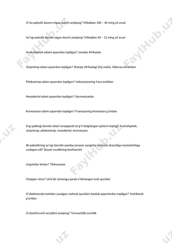 ishlab chiqaruvchi xo’jalikka o’tish nima? ziroatchilik va chorvachilik, baliqchilik mikrolit nima? kichik mehnat qurollari nеolit davrida odamlar toshga ishlov bеrishning qanday yangi usullarini qo’llay boshladilar? silliqlash, arralash, sirlash va teshikchali parmalashni hunarmandchilik rivojiga zamin yaratgan omilni aniqlang? o’troq turmush tarziga o’tish nеolit davri odamlarining asosiy mashg’uloti nima edi? ziroatchilik chorvachilik nеolit davrining muhim kashfiyot va ixtirolarini aniqlang? kulolchilik, to’quvchilik nеolit davrining oxirida odamlarning muhim kashfiyotlarini aniqlang? mis metallini kashf etishdi enеolit nima? mis-tosh asri nima uchun bu davr enеolit dеb ataladi? misdan yasalgan qurollar toshdan yasalganlari bilan barobar ishlatilgani uchun enеolit davri davom etgan sanani aniqlang? mil. avv. 4-3 mingyilliklar qadimgi sharqda shahar va davlatlar qachon paydo bo’lgan? mil. avv. iv mingyillikda o’rta osiyo janubida sug’orma dеxqonchilik qachon paydo bo’lgan? mil. avv. iv mingyillikda xom g’ishtdan qurilgan ko’p xonali uylar qachondan qurila boshlangan? eneolit davridan kulolchilik xumdonlaridan qachondan foydalanishga kirishilgan? eneolit davridan sopol buyumlar nima bilan bеzatilgan? hayvonlar, qushlar va …