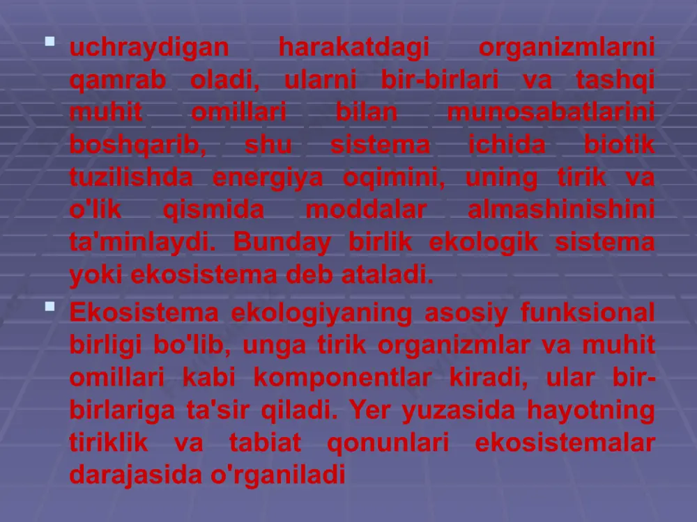 o'rtasida bo'lib o'tadigan jarayonlar tengligining buzilishi kuchli bo'lsa, uni tiklash uchun tashqaridan keladigan energiya ham ko'p bo'ladi; 4) yosh sistemalarning rivojlanish stadiyasi va darajasi eski, yetilgan sistemalardan farq qiladi. ekosistemalarning tuzilishi. ekosistemalarning asosiy xususiyatlaridan biri - bu yer usti muhiti, chuchuk suv, dengiz yoki sun'iy ekosistemalarda uchraydigan avtotrof va geterotrof organizmlar o'rtasidagi munosabatlardir. ekosistemalar trofik (oziqlanish) tuzilishi bo'yicha quyidagi pog'onalarga bo'linadi, ya'ni: 1) yuqori avtotrof (mustaqil ovqatlanuvchi) pog'ona yoki «yashil pog'ona». bu pog'onani o'simliklar yoki ularning qismlari tashkil qiladi. ular o'z tanalarida organik moddalar to'playdi; 2) pastki geterotrof pog'ona (boshqalar bilan ovqatlanish)da tuproqda to'plangan turli qoldiq (barg, shox, ildiz)lar namlik yordamida chiriydi, moddalar bir ko'rinishdan ikkinchi ko'rinishga o'tadi va murakkab birikmalar hosil bo'ladi. ekosistemani o'rganish uslublari. tabiiy murakkab cho'l, dasht, adir, tog', ko'l, o'rmon kabi ekosistemalarni o'rganishda 2 yo'l bilan yondashiladi ya'ni: 1) xolistik (grekcha holos-butun yaxlit) yo'l bilan. bunda ekosistemaga kelayotgan-chiqayotgan energiya va turli moddalarning yaxlit xislatlari hamda kerakli …