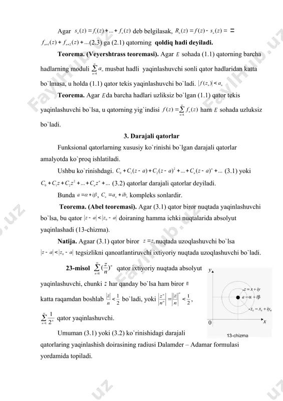 . (4.7) 3. (4.8) 4. (4.9) 5. (4.10) 6. (4.11) 26-misol. berilgan funksiyani darajali qatorga yoying. a) , b) yechish. a) (4.8) formuladan foydalansak: b) 5. manfiy darajali qatorlar. loran qatori ta`rif. ning manfiy darajalari bo`yicha yoyilgan ushbu qator (5.1) ga manfiy darajali qator deyiladi. bu qatorning yaqinlashish sohasi doira tashqarisidan iborat. bunda (5.2) 27-misol. bo`lsa , yaqinlashish radiusi topilsin. yechish. demak, yaqinlashish sohasi bo`ladi. ta`rif. ushbu ko`rinishdagi (5.3) qator loran qatori deyiladi, bunda (5.4) ga loran qatorining bosh qismi deyiladi va (5.5) ga loran qatorining to`g`ri qismi deyilib, da yaqinlashadi. shuning uchun loran qatori (5.6) halqada yaqinlashuvchi bo`ladi. loran qatorining koeffitsientlarini (5.7) formula bo`yicha ham topish mumkin. esa halqaga tegishli ixtiyoriy markazli aylanadan iborat. 28-misol. da loran qatorining yaqinlashish sohasi aniqlansin. yechish. a) demak, b) , . demak, 29-misol. halqada loran qatoriga yoying. yechish. buning uchun berilgan funksiyani eng sodda kasrlarga ajratib olamiz bo`lganda bo`lganda berilgan halqaga binoan ish …