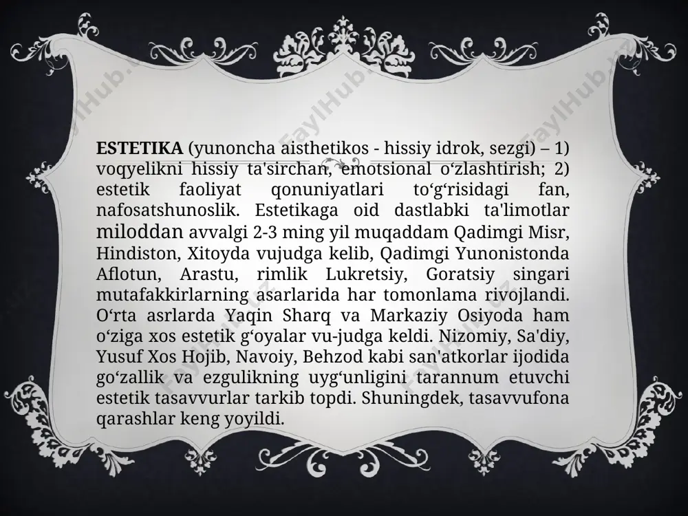 etik did zaminida go‘zallikni xunuklikdan ajrata bilish va undan beg‘araz shodlanish hamda lazzatlanish qobiliyati yotadi. estetik did odamlarning dunyoqarashidan, ayniqsa, estetik qarashlaridan ajralmagan holda amal qiladi. estetik bilimlar va qarashlar didda ifodalanishi uchun ular shaxsning ichki dunyosiga, idrok qilish jarayonining o‘ziga singib ketishi, shaxsning mustahkam e'tiqodiga aylanishi lozim. estetik did o‘zida bevosita va bilvosita, hissiy va aqliy, yakka odam va jamiyat estetik didi qarama-qarshiliklari birligini mujassamlashtiradi. estetik didning ziddiyatli tabiati haqida dastlab kant munosabat bildirgan edi. kant nazarida did yakka odamga xos bo‘lgan insonning tug’ma qobiliyatidir. did shu qadar yakka tartibda ifoda topadiki, uni hech qanday dalillar bilan inkor etib bo‘lmaydi. did mulohazasi nihoyatda shaxsiy tabiatga molikdir. shu boisdan ham "did to‘g’risida bahslashmaydilar". lazzatlanish ob'yekti bo’lgan hissiylik, nafosat barcha uchun barobar darajada ahamiyatlidir, u faqat mazkur shaxsning o‘zigagina emas, balki hammaga yoqadi. inson o‘ziga yoqqan narsalarni boshqalarga ham yoqadi deb o‘ylaydi. demak, didlar uchun umumiy hisoblanadigan tomonlari ham bor. shu …