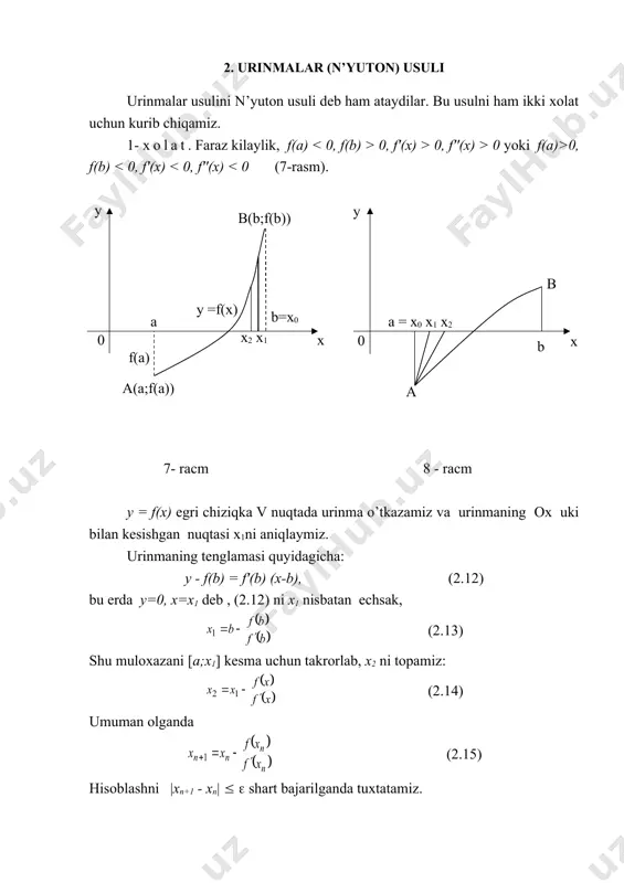 misol. 4x-5lnx =5 tenglama ( =0,0001 aniqlikda ketma-ket yaqinlashish usuli bilan echilsin. echish. tenglamani ko`rinishda yozamiz va y1= lnx; chiziqlar kesishgan nuqtani aniqlaymiz. bular x0 = 2,28; x0 = 0,57. bularni boshlangich yaqinlashish nuqtalari deb olamiz. berilgan tenglamani x=1,25(1+lnx) ko`rinishda yozsak, ((x)=1,25(1+lnx) bo`ladi, bundan, . bu xolda x0 =2,28 uchun ketma-ket yaqinlashish jarayoni yaqinlashuvchi bo`ladi: hisoblash natijalari quyidagi 2.2- jadvalda keltirilgan: 2.2-jadval (1) (2) (3) x ln(1) +1 1,25(2) 2,28 1,82418 2,28022 2.28022 1.82427 2,28034 2,28034 1,82432 2,28040 2,28040 1,82435 2.28044 2,28044 1,82437 2,28046 boshlangich yaqinlashish x0 =0,57 atrofida jarayon yaqinlashuvchi bo`lmaydi, chunki bu xolda berilgan tenglamani x = e 0,8 x-1 ko`rinishda yozib, hisoblashni davom ettirish kerak. x x y y a 0 0 a x1 x2 x0 b b x0 x2 x1 b(b;f(b)) b(b;f(b)) a(a;f(a)) 5- раcм 6- раcм a y x b a = x0 x1 x2 0 0 a x2 x1 x y b(b;f(b)) a(a;f(a)) b=x0 …