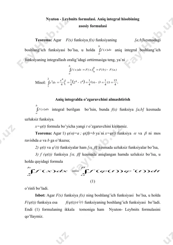 ya`ni misol: aniq integralda o’zgaruvchini almashtirish integral berilgan bo’lsin, bunda f(x) funksiya [a,b] kesmada uzluksiz funksiya. x=((t) formula bo’yicha yangi t o’zgaruvchini kiritamiz. teorema: agar 1) ((()=a ; ((()=b ya`ni x=((t) funksiya ( va ( ni mos ravishda a va b ga o’tkazsa; 2) ((t) va (1(t) funksiyalar ham [(, (] kesmada uzluksiz funksiyalar bo’lsa, 3) f (((t)) funksiya [(, (] kesmada aniqlangan hamda uzluksiz bo’lsa, u holda quyidagi formula (1) o’rinli bo’ladi. isbot: agar f(x) funksiya f(x) ning boshlang’ich funksiyasi bo’lsa, u holda f(((t)) funksiya esa f(((t)) funksiyaning boshlang’ich funksiyasi bo’ladi. endi (1) formulaning ikkala tomoniga ham nyuton- leybnits formulasini qo’llaymiz. demak, bu ifodalarning o’ng tomonlari teng bo’lgani uchun chap tomonlari ham teng bo’ladi. 1-misol : 2-misol: aniq integralni bo’laklab integrallash faraz qilaylik, u(x) va v(x) funksiyalar [a,b] kesmada differensiallanuvchi funksiyalar bo’lsin. ularning ko’paytmasini tuzib hosila olamiz: tenglikni ikkala tomonini a dan b gacha integrallaymiz: (2) bulardan bo’lgani uchun …