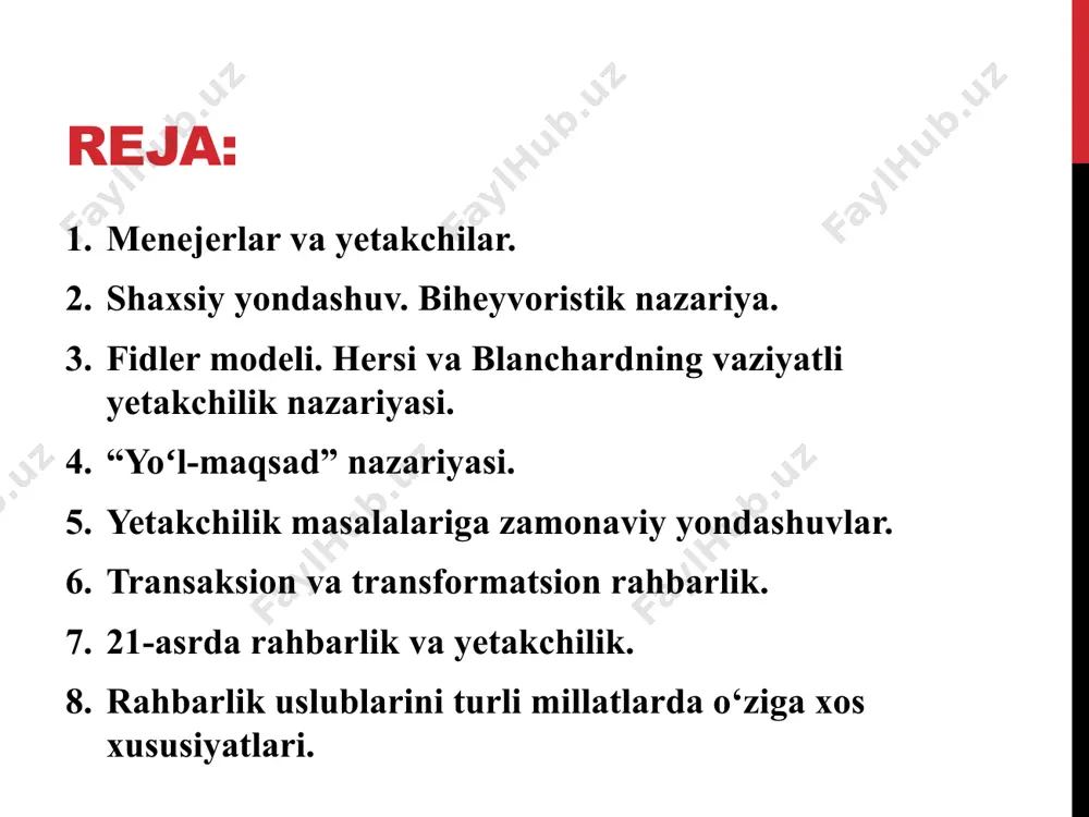 dashuv 1949-1970 y. d. makgregor, k. levin, r. likert, p. bleyk, d. mugon va b. muayyan rahbarning xulq-atvoriga asoslangan eng samarali etakchilik uslubi mavjudligi haqidagi taxmin. vaziyatli yondashuv 1960-1990 y. f. fidler, t. mitchell, v. vroom, p. yetton, p. hersey k. blanchard va b. boshqaruv vaziyatiga qarab menejerning harakatlariga turli omillarning ta'sirini aniqlash. majmuaviy yondashuv xx-asrning oxiri. s. kerr idj germeier, ch.mant, g.sime va boshqalar. etakchilik fazilatlarining namoyon bo'lishining o'ziga xos xususiyatlarini va muayyan vaziyatlarda rahbarlarning xatti-harakatlarini aniqlash shaxsiy yondashuv buyuk odamlar nazariyasi deb ham ataladigan etakchilikning shaxsiyat nazariyasiga ko'ra, eng yaxshi rahbarlar hamma uchun umumiy bo'lgan ma'lum shaxsiy fazilatlarga ega. ushbu g'oyani rivojlantirar ekan, shuni ta'kidlash mumkinki, agar bu fazilatlarni aniqlash mumkin bo'lsa, odamlar ularni o'zlarida tarbiyalashni o'rganishlari va shu bilan samarali etakchi bo'lishlari mumkin. o'rganilgan bu xususiyatlardan ba'zilari aql va bilim darajasi, ta'sirchan tashqi ko'rinish, halollik, sog'lom fikr, tashabbuskorlik, ijtimoiy va iqtisodiy bilim va o'ziga ishonchning yuqori darajasidir. …