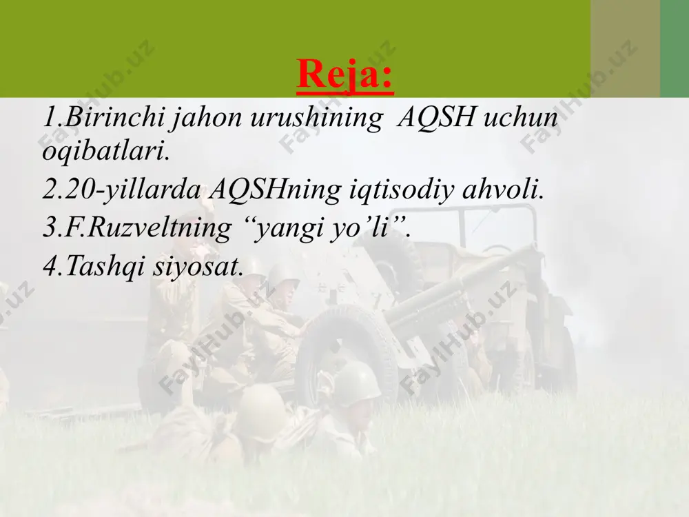 r jarima to'lardi, yoki 20-yil muddatga ozodlikdan mahrum etilardi. 2 mingdan ortiq kishi shunday jazolarga mahkum etildi. 1920-yilda o'zgacha fikrlashda shubha qilinganlikda ayblanib 10 mingga yaqin taraqqiyparvar arboblar hibsga olindi. kasaba uyushmalari ichida amerika mehnat federatsiyasi (amf) faollari va rasmiy rahbariyatning siyosatiga qarshi chiquvchilar ham quvg'in ostiga olindi. amf 1923-yilda ishchi tashkilotlar «baltimor-ogayo» deb nomlangan rejani qabul qilishlariga erishdi. unga ko'ra, mulkdorlar ishchilar maoshini oshirish majburiyatini oldilar. amerika ishchilar harakatida ish tashlash 1926-yilda barham topdi. 1922-yilning oxirida aqsh iqtisodiyotida yangi yuksalish boshlandi. 1928-1929-yillarga kelib aqsh sanoati buyuk britaniya, fransiya, germaniya, italiya va yaponiya sanoati birgalikda ishlab chiqargandan ko'p mahsulot ishlab chiqardi. chetga sarmoya chiqarish 1929-yilda 4 baravar ortdi. 1919—1929-yillar davomida aqshning chet davlatlarga bergan qarzi boshqa barcha rivojlangan davlatlar bergan qarzdan ko'p bo'ldi. bu qarzlar evaziga aqsh 1922—1932-yillar davomida 9,2 mlrd. dollar foyda oldi. aqsh sudxo'r davlatga aylandi. aqshdek qudratli rivojlangan davlat ham iqtisodiy inqirozni chetlab о’tа olmadi. 1929-yilning kuzida …