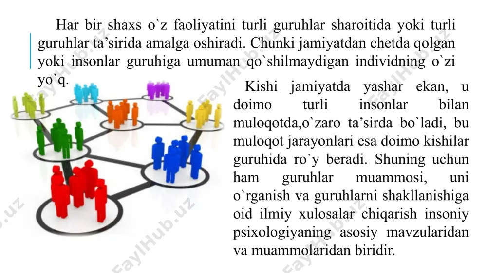 ’lsa kerak, ijtimoiy psixologiyada olimlar ko’pincha kichik guruhlarda ish olib borishini afzal ko’radilar. lekin katta kishilar uyushmasining psixologiyasini bilish juda katta tarbiyaviy va siyosiy-mafkuraviy ahamiyatiga ega. katta guruhlar ijtimoiy psixologiyada katta guruhlar ichida etnik guruhlar psixologiyasi, ya’ni etnopsixologiya bo`yicha ko`proq tadqiqotlar o`tkazildi. ayniqsa, hozirgi davrda har bir jumhuriyatlar alohida, mustaqil davlat mavqeini olgan, lekin boshqa tomondan qaraganda, hamdustlik mamlakatlari ittifoqi sharoitida millatlar o`rtasida muttasil aloqalar mavjudligidan kelib chiqib, milliy psixologiya masalalari kun tartibida avvalgidan ham muhim masala sifatida qo`yilmoqda. etnik guruhlar kichik guruh - nisbatan barqaror, tarkibi jihatidan a’zosi unchalik ko’p bo’lmagan, umumiy maqsad bilan bog’langan kishilarning birlashmasi. bunda kichik guruh a’zolari o’rtasida bevosita aloqalar o’rnatiladi va amalga oshiriladi. bu guruhda, umumiy maqsad mavjud bo’lib, uning a’zolari bu maqsadga erishish yo’lida o’zlarining barcha kuchlarini safarbar etadilar. kichik guruhga kiruvchi kishilar bir-birlarini shaxsan biladilar va guruh oldida turgan vazifalarni hal qilish uchun bir-birlari bilan muloqotda bo’ladilar. kichik guruhlar oila, ishlab chiqarish …