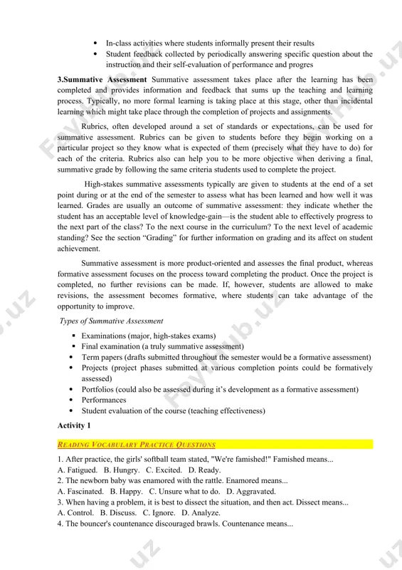 s feedback and information during the instructional process, while learning is taking place, and while learning is occurring. formative assessment measures student progress but it can also assess your own progress as an instructor. for example, when implementing a new activity in class, you can, through observation and/or surveying the students, determine whether or not the activity should be used again (or modified). a primary focus of formative assessment is to identify areas that may need improvement. these assessments typically are not graded and act as a gauge to students’ learning progress and to determine teaching effectiveness (implementing appropriate methods and activities). in another example, at the end of the third week of the semester, you can informally ask students questions which might be on a future exam to see if they truly understand the material. an exciting and efficient way to survey students’ grasp of knowledge is through the …