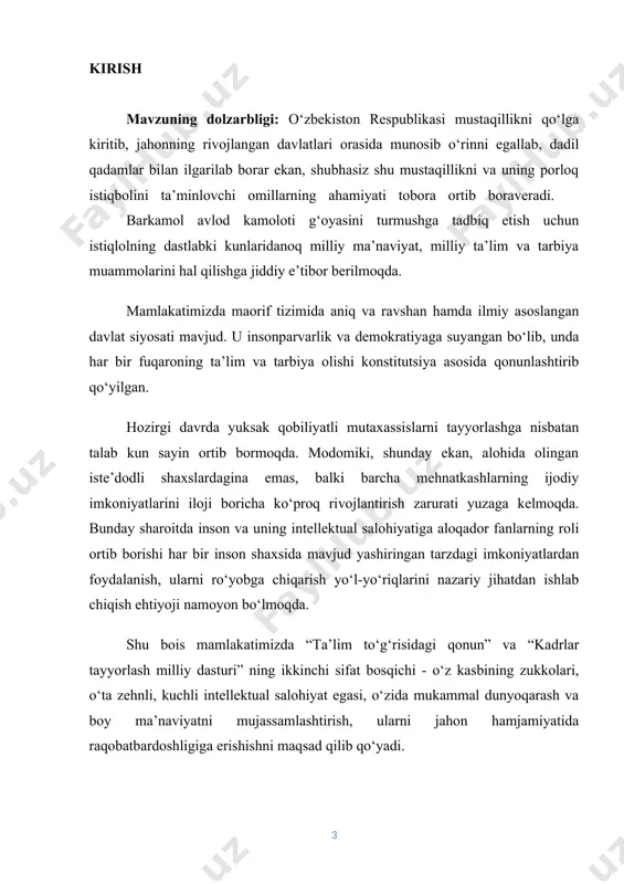 ti – harakat motivlarining ifodalanishi va vujudga kelishining murakkab mexanizimlari mavjud. shuning uchun ham o‘smirlarni tarbiyalashda ularning xususiyatlarini to‘la hisobga olgan holda ta’lim va tarbiyaviy tadbirlarni qo‘llash zarur. muammoning o’rganilganlik darajasi: kurs ishning vazifalari: 1. o'smirlik davri, bolaning shaxsiyat rivojlanishida ota-ona ta'limining roli va muhimligini tushuntirish. 2. ota-onaning bolaning shaxsiyatiga ta'siri va uning o'sish jarayonida muhimliklarini ko'rsatish. 3. ota-onaning psixologik, ma'naviy va ta'limiy ta'sirining bolaning shaxsiyat rivojlanishiga munosabati va muhimligini o'rganish. kurs ishning amaliy ahamiyati: 1. ota-onaning qisqa muddatdagi va uzun muddatdagi ta'sirini tahlil qilish. 2. o'smirlik davrida ta'limning shaxsiyat rivojlanishiga o'z ta'sirini o'rganish. 3. ota-onaning muhit va tarbiyaviy qo'llab-quvvatlashning bolaning shaxsiyatiga ta'sirini chiqarish. kurs ishning maqsadi: o'smirlik davri, yosh bolalarning shaxsiyat rivojlanishida ota-ona ta'limining ahamiyatini o'rganishni maqsad qiladi. bu maqsad quyidagi yo'nalishlarni aks ettirishda yordam beradi: 1. ota-ona ta'limining yosh bolalarning shaxsiyat va g'oyaviy tarbiyasi ustida katta ta'sirini tushuntirish. 2. ota-onaning ta'lim va tarbiyaviy usullari orqali bolani o'sish, uning …