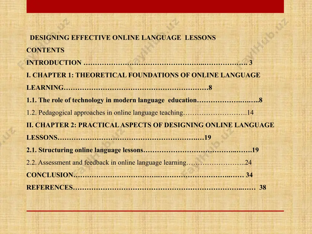 ccessful language learning outcomes. this study seeks to: analyze the theoretical foundations and pedagogical principles relevant to online language education. identify the challenges and opportunities associated with teaching languages in virtual environments. develop practical guidelines for structuring, delivering, and assessing language lessons in an online format. the tasks and objectives of the course work. to achieve the aim of designing effective online language lessons, this course work sets the following tasks and objectives:theoretical analysis:study and summarize relevant theories and research on online language learning, including pedagogical approaches and frameworks (e.g., vygotsky's social interaction theory).explore the role of technology in modern language education and its implications for lesson design.identification of challenges:analyze common challenges faced in online language teaching, such as maintaining engagement, fostering interactivity, and assessing language skills.investigate potential solutions and best practices to address these challenges.practical framework development:develop guidelines for structuring and designing effective online language lessons, incorporating multimedia tools, …