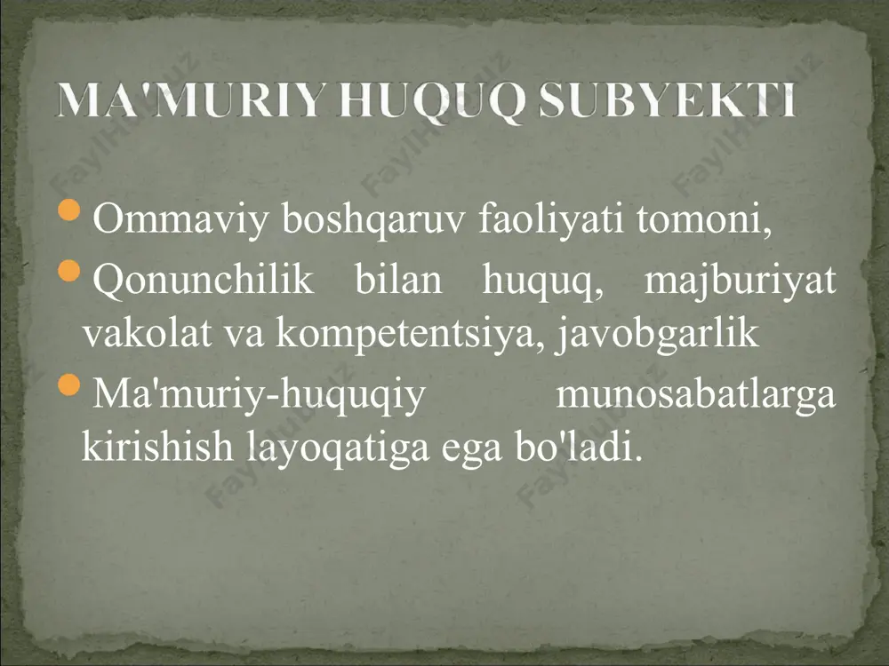 hbarlikni amalga oshirish shakliga ko'ra yakkaboshchilikka asoslangan organlar; kollegial organlar; yakkaboshchilik va kollegial rahbarlik uygunlashgan (aralash shakldagi) organlar doimiy, vaqtincha yoki maxsus vakolat bo'yicha tayinlanadigan yoki saylanadigan, hokimiyat vakili vazifalarini bajaradigan yoxud davlat organlarida, fuqarolarning o'zini o'zi boshqarish organlarida, mulk shaklidan qat'i nazar, korxonalarda, muassasalarda, tashkilotlarda tashkiliy-boshqaruv, ma'muriy-xo'jalik vazifalarini amalga oshiradigan va yuridik ahamiyatga ega harakatlarni sodir etishga vakolat berilgan shaxs, xuddi shuningdek xalqaro tashkilotda yoxud chet davlatning qonun chiqaruvchi, ijro etuvchi, ma'muriy yoki sud organida mazkur vazifalarni amalga oshiruvchi shaxs mansabdor shaxs deb e'tirof etiladi. (mjtk 15-moddasi va jk 8-bo'lim) mansabdor shaxs davlatning biron-bir hokimiyat organi nomidan ish ko'rib, muayyan vazifalarni doimiy yoki vaqtincha amalga oshiruvchi va o'z vakolatlari doirasida ko'pchilik yoxud barcha fuqaro yoki mansabdor shaxslar uchun majburiy bo'lgan harakatlarni sodir etish yoki farmoyishlar berish huquqiga ega bo'lgan shaxs hokimiyat vakili deb e'tirof etiladi. (mjtk 15-moddasi) o'zbekiston respublikasi vazirlar mahkamasi o'zbekiston respublikasi vazirlar mahkamasi davlat boshqaruvi organlari xo'jalik …