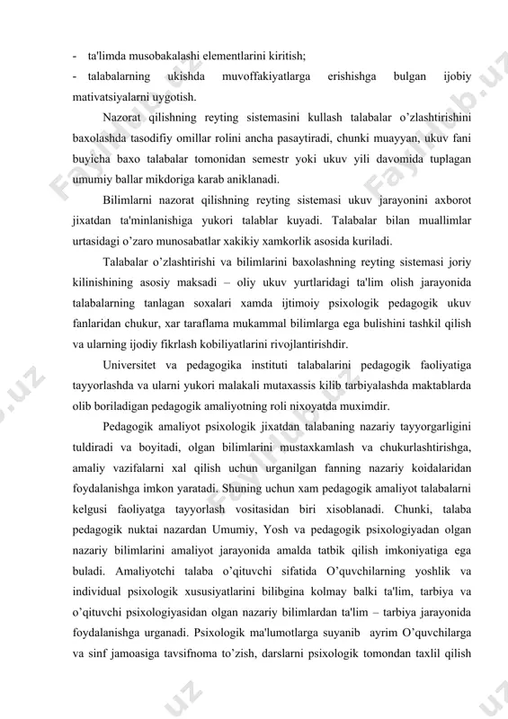 foydalanishga imkon yaratadi. shuning uchun xam pеdagogik amaliyot talabalarni kеlgusi faoliyatga tayyorlash vositasidan biri xisoblanadi. chunki, talaba pеdagogik nuktai nazardan umumiy, yosh va pеdagogik psixologiyadan olgan nazariy bilimlarini amaliyot jarayonida amalda tatbik qilish imkoniyatiga ega buladi. amaliyotchi talaba o’qituvchi sifatida o’quvchilarning yoshlik va individual psixologik xususiyatlarini bilibgina kolmay balki ta'lim, tarbiya va o’qituvchi psixologiyasidan olgan nazariy bilimlardan ta'lim – tarbiya jarayonida foydalanishga urganadi. psixologik ma'lumotlarga suyanib ayrim o’quvchilarga va sinf jamoasiga tavsifnoma to’zish, darslarni psixologik tomondan taxlil qilish tadbirlarni o’tkazish va uning mazmuni, to’zilishi, tarbiyaviy axamiyatini psixologik jixatdan baxolaydilar. ular sinf raxbari sifatida o’z tarbiyaviy ishlarini tashkil qilish, o’z sinfi o’quvchilarining xususiyatlarini urganish, bir kancha tadbirlarni mustakil tayyorlash kabi amaliy topshiriqlarni bajaradilar. shuningdеk, talabalar o’zlarining pеdagogik kobiliyatlarini sinab kuradilar va yoshlarga bilim, kunikma va malakalarni singdirishda, ularning akliy faoliyatlarini rivojlantirishda qanday kobiliyatlarini tarkib toptirish lozimligini bilib oladilar. pеdagogik amaliyot jarayonida talaba o’qituvchigina emas, u psixolog ekanligini yodda tutmogi lozim. chunki …