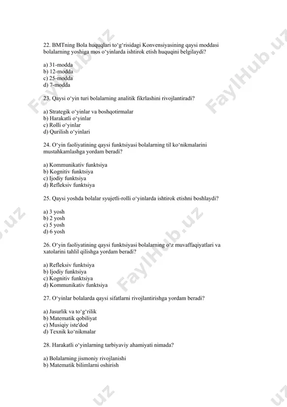 uv va xavotir c) g‘azab va nafrat d) beparvolik 31. tarbiyachi bolalar o‘yiniga rahbarlik qilishda nimalarga rioya qilishi lozim? a) o‘yin bilan mehnat o‘rtasida to‘g‘ri munosabat o‘rnatish b) faqat o‘yinchoqlarni taqdim etish c) bolalarning o‘yinini cheklash d) o‘yin qoidalarini qat'iy belgilash 32. ijtimoiy o‘ziga ishonchsiz bolalarni o‘yinga qo‘shishda tarbiyachi qanday yordam berishi kerak? a) hissiyotlarini ifoda etishga yordam berish b) ularni o‘yindan chetlatish c) faqat nazorat qilish d) ularni mustaqil qoldirish 33. o‘yin mazmuni qanday bo‘lishi kerak? a) ta'lim-tarbiya beruvchi ahamiyatga ega b) faqat ko‘ngilochar c) murakkab va tushunarsiz d) qoidalarsiz 34. o‘yin strukturasi qaysi bosqichlardan iborat? a) maqsad qo‘yish, rejalashtirish, maqsadni amalga oshirish, natijalar tahlili b) rejalashtirish, bajarish, baholash c) boshlash, o‘ynash, tugatish d) tayyorlanish, o‘ynash, dam olish 35. tarbiyachi o‘yinli ta'limni to‘g‘ri shakllantirish uchun qanday talablarga rioya qilishi kerak? a) didaktik materiallar mazmuni va har bir bolaga uni yetkazish mahorati b) faqat o‘yinchoqlarni taqdim etish c) bolalarni mustaqil …