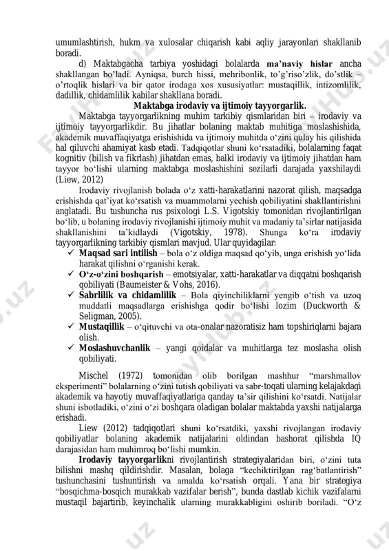 i shakllantirish kerak. ba’zan ota-onalar va tarbiyachilar bolalarining maktabga intellektual jihatdan tayyor yoki tayyor emasligini bilmay, ikkilanishadi. buning uchun oddiy baholash usullarini qo‘llash mumkin: ✓ savol-javob o‘yinlari – boladan atrof-muhit, sanash, ranglar va shakllar haqidagi oddiy savollar so‘rab ko‘rish mumkin. ✓ hikoya tuzdirish – bola oddiy bir rasmga qarab, u haqida hikoya tuza oladimi? bu uning nutqiy va fikrlash qobiliyatini sinashga yordam beradi. ✓ diqqat va xotirani tekshirish – bolaga bir nechta buyum ko‘rsatib, ularni yodlashni so‘rash va keyin qayta so‘rash. ✓ mustaqil topshiriqlar – bolaga qaysidir mashg‘ulotni (masalan, oddiy rasm chizish yoki muammo yechish) mustaqil bajarishga topshirish. agar bola bu vazifalarni qiyinchiliksiz bajara olsa, u maktabga tayyor bo‘lishi ehtimoli yuqori. xulosa shuki, maktabga intellektual tayyorgarlik faqatgina bilim olishga qaratilgan emas, balki bolaning umumiy rivojlanishini o‘z ichiga oladi. shuning uchun maktabga tayyorlash jarayoni faqatgina harflarni o‘rganish yoki sanash bilan cheklanmasligi, balki mantiqiy fikrlash, mustaqillik, diqqat va ijtimoiy moslashuv ko‘nikmalarini ham …