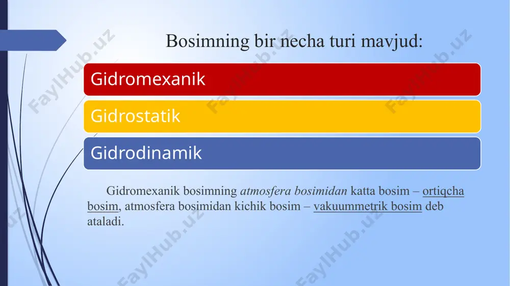 ion va abraziv muhitlarda ishlash mumkin metalli o’lchagich elementli datchiklar: parvandli pezorezistivli metal o’zgartirgich o’lchash diapazoni 1 dan 400 bar.gacha yuklamadan himoyalanish 600 bar.gacha o’rnatilgan diapazondan 0,2% yomon emas o’lchash diapazoni 10:1 nisbatda o’lchash diapazonida o’rnatish imkoniyati bir yil ichida kamida 0,3% uzoq vaqtli noturg’unlik 3.gost talablar. gost 8.051-81. davlat tizimi o’lchovlarning bir xilligini ta’minlash. 500 mm gacha chiziqli o’lchamlarni o’lchashda ruxsat etilgan xatolar gost 356-80. armatura va ehtiyot qismlar quvurlar. bosim shartli, sinov va ish martabalar. gost 2405-88. bosim o’lchagichlar, vakuum o’lchagichlar, manovakuummetrlar, bosim o’lchagichlari, tortish o’lchagichlari, bosim o’lchagichlari. umumiy xususiyatlar. xulosa men bu mustaqil ish topshirig’ini bajarish davomida o’zimga kerakli ma’lumotlarni bildim. bosimni o’lchash sifat va xavfsizligini ta’minlab berishni va qanchalik xatoligini bilib berishni bildim. foydalangan adabiyotlar: http:\\www.gov.uz – o’zbekiston respublikasi hukumatining rasmiy sayti. http:\\www.lex.uz - o’zbekiston respublikasi qonun hujjatlari. http:\\www.ziyonet.uz – ta’lim portali. http:\\www.window.yedu.ru. e’tiboringiz uchun rahmat image1.jpg image2.jpg image3.jpg image4.jpg image5.jpg image6.jpg /docprops/thumbnail.jpeg
