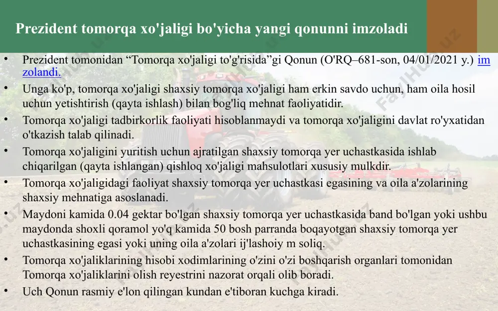 lar bilan hamkorlik qilish, shuningdek qishloq xo‘jaligi kooperativlariga ixtiyoriy ravishda a’zo bo‘lish; issiqxonalar tashkil etish, urug‘liklar, ko‘chatlar, chorva mollari hamda parrandalar, qishloq xo‘jaligi ashyo-anjomlari va uskunalari, sug‘orish qurilmalari (nasoslar, artezian quduqlar va boshqalarni) sotib olish uchun qonunchilikda nazarda tutilgan imtiyozlardan, shu jumladan imtiyozli kreditlardan, subsidiyalardan va boshqa preferensiyalardan foydalanish; o‘zbekiston fermer, dehqon xo‘jaliklari va tomorqa yer egalari kengashiga ixtiyoriy ravishda a’zo bo‘lish; erga oid tashkilotlarning hamda xizmat ko‘rsatuvchi boshqa tashkilotlarning qishloq xo‘jaligi mahsulotlarini yetishtirish va realizatsiya qilishga doir xizmatlaridan foydalanish; shaxsiy tomorqa yer uchastkalarida davlat organlarining, shu jumladan arxitektura-qurilish, ekologiya, sanitariya-gigiyena organlarining hamda yong‘in xavfsizligini ta’minlovchi organlarning ruxsatnomasini olish zaruratisiz yengil konstruksiyalardan issiqxonalar qurish; suv resurslaridan foydalanish. shaxsiy tomorqa yer uchastkalaridan tomorqa xo‘jaligini yuritish uchun foydalanuvchi shaxslar qonunchilikka muvofiq boshqa huquqlarga ham ega bo‘lishi mumkin. tovar tomorqa xo‘jaligi, asosan, iqtisodiy rivojlangan mamlakatlarda keng rivojlangan. odatda, ularda fti yutuqlaridan ustun darajada foydalanishga erishilmoqda. jahon dehqonchiligi dehqonchilik tomorqa xo‘jaligining yerga ekin ekib, …