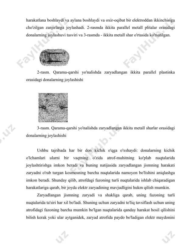 ng. elektr potentsiali tushunchasi yer yuzasidagi turli nuqtalar uchun daraja tushunchasiga o'xshaydi . shubhasiz, lokomotivni a nuqtaga ko'tarishdan ko'ra b nuqtaga ko'tarish uchun ko'proq mehnat sarflash kerak (4-rasm) shuning uchun h2 darajasiga ko'tarilgan lokomotiv pastga tushganda h2 darajasiga ko'tarilgan lokomotivga qaraganda ko'proq ishlay oladi. dengiz sathi odatda balandlik o'lchanadigan nol daraja sifatida olinadi. 4-rasm. gravitatsion maydondagi darajalarning farqi 5-rasm. elektr maydonining a va b nuqtalari orasidagi potentsiallar farqi u q zaryadini shu nuqtalar orasidagi harakatga keltirish uchun sarflangan ishni aniqlaydi. xuddi shu tarzda, yer yuzasida mavjud bo'lgan potentsial shartli ravishda nol potentsial sifatida qabul qilinadi. 3 yagona maydondagi zaryadning potentsial energiyasi yerdan ko'tarilgan jismning potentsial energiyasi mgh ga teng. yagona maydondagi zaryadning holati ushbu mexanik holatga juda o'xshash bo'lib chiqadi. intensivlik chiziqlari x o'qi bo'ylab yo'naltirilgan bir xil elektrostatik e maydonini ko'rib chiqaylik (6-rasm). musbat zaryad q kuch chizig'i bo'ylab 1 nuqtadan (x1 koordinatali) 2 nuqtaga (x2 koordinatasi bilan) harakat …