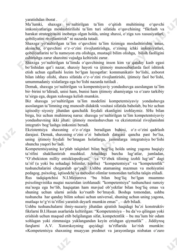 – bu “axborotning to‘liqligi va tanlash erkinligi sharoitida o‘z foydasini maksimal darajada oshirishga intiladigan – oqil shaxs. u quyidagilar bilan ajralib turadi: “sub’ektiv faollik, kompetentlik, ehtiyotkorlik, ishbilarmonlik, tavakkal qilishga tayyorlik, o‘z xatti-harakatlari uchun shaxsan javobgar bo‘lish” . xx asrning oxirlarida ijtimoiylashtirish va o‘z yo‘lini belgilash masalalari bilan shug‘ullanuvchi ko‘pgina rus olimlari ijtimoiylashuvning potentsial moslashuvchan jarayonlari boshlanganda individual-shaxsiy integratsiya g‘oyalariga moyil edilar. hatto o‘sha paytda ham ushbu tushunchalar bir xil deb talqin qilinmagan. aksincha, o‘z yo‘lini belgilash axloqiy (l.i.bojovich, a.a.guseynov, o.g.drobnitskaya), ma’naviy (d.j.valeev), oilaviy (n.n.obozov), a.g.xarchev), kasbiy (v.a.krutetskiy), p.a.shavir), siyosiy (a.m.chernыsh]), fuqaroviy (i.s.kon) b.) kabi qismlarga bo‘lingan. o‘z yo‘lini belgilash va ijtimoiylashuv sharoitida faoliyatga oid kommunikatsiyalarni qidirish shunday bir tushunchaga olib keldiki, unda “shaxsning o‘z yo‘lini belgilash jarayoni hayot faoliyatining barcha jabhalarida yuzaga keladi va u shaxsning mustaqil ijodiy faoliyatga tayyorligiga mos ravishda shakllanishiga yo‘naltirilgan” . shu nuqtai nazardan o‘quvchi rivojlanishning tashuvchisi bo‘lib, keyin uning tashkilotchisiga aylanadi va o‘quvchining o‘z yo‘lini …