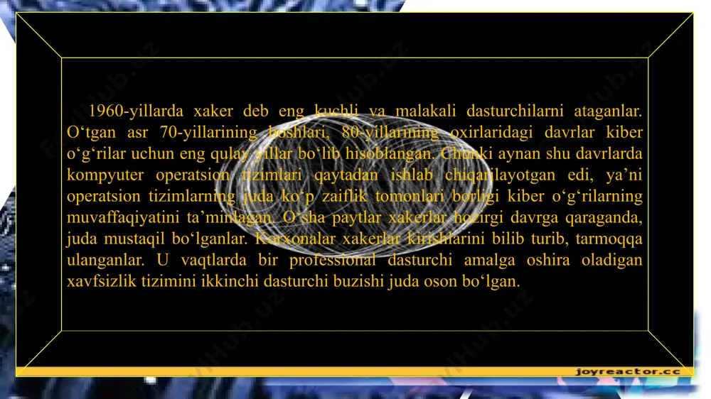 ishmaydi, aksincha foyda keltirishadi. oq shlyapali hackerlarning borligi sababli qurilmalarimiz mustahkamroq himoyaga ega bo’ladi, dasturlarimiz takomillashadi va saytlarimiz xavfsizroq bo’la boradi. oq shlyapali hackerlik qonun doirasidagi faoliyat hisoblanib, ko’pchilik dastur va qurilma ishlab chiqaruvchi kompaniyalar oq shlyapali hackerlarni ishga olishadi. bu hackerlar o’zlari ishlaydigan kompaniya maxsulotlarini sinovdan o’tkazishadi va qora shlyapalilar qayerdan zarba berishi mumkinligini, qanday qilib buzib kirishi mumkinligini aniqlab, bartaraf etishlari uchun kompaniya rahbariyatiga muammolar haqida xisobot berishadi. gray hat (kulrang shlyapali) hacker bunday hackerlar yuqoridagi har ikki turdagi hackerlar xususiyatlarini o’zida mujassamlashtirgan bo’ladi. ular o’z hatti harakatlari bilan bir vaqtning o’zida ham noqonuniy faoliyat yuritishi, ham foyda keltirishi mumkin. masalan, bir hacker facebook.com saytiga hackerlik xujumini qildi va saytni buzib kira oldi. keyin hech qanday zarar yetkazmasdan facebook saytidagi mavjud kamchiliklarni, saytning qayerida xavfli teshiklari borligini facebook sayti ma’murlariga aytdi yoki «facebookni buzib kirdim, shunday joyida nosozlik bor ekan, bunday joyida xatolik bor ekan» deb ommaviy e’lon …