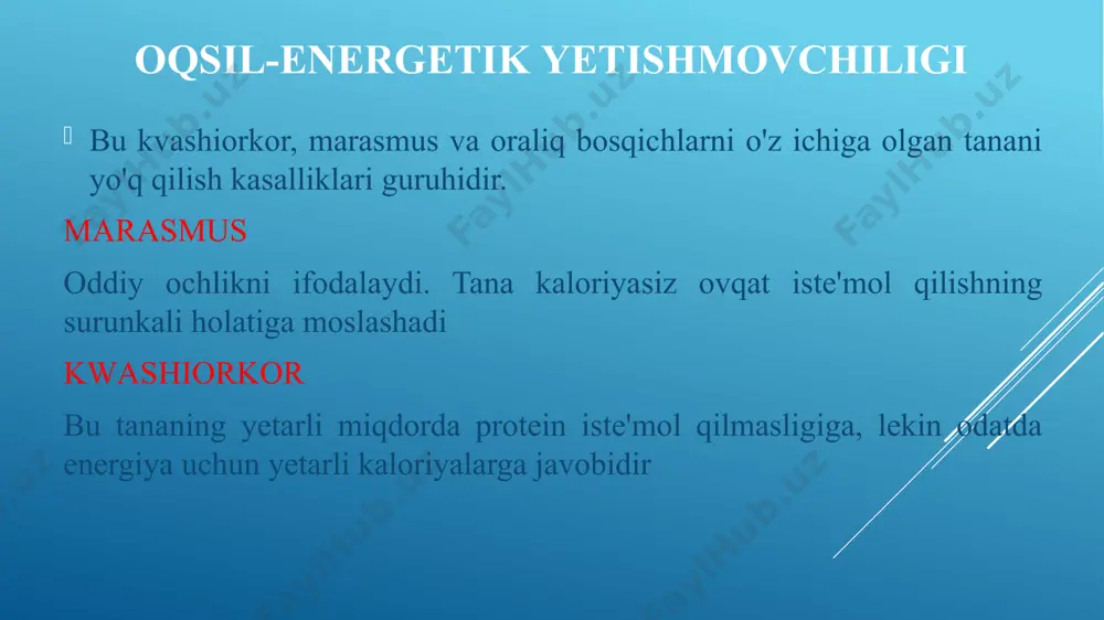 antlarning etishmasligi hissa qo'shadigan omillar sifatida tan olindi. kvashiorkor qurbonlari kasalliklarga, shu jumladan difteriya va tifga qarshi emlashdan keyin antikor ishlab chiqara olmaydi. umuman olganda, kasallikni dietaga oziq-ovqat energiyasi va oqsil qo'shish orqali davolash mumkin; ammo bolaning jismoniy va aqliy rivojlanishiga uzoq muddatli ta'sir ko'rsatishi va og'ir holatlarda o'limga olib kelishi mumkin. a’lomatlar teri pigmentidagi o'zgarishlar. mushaklar massasining pasayishi diareya og'irlik va o'sishda muvaffaqiyatsizlik charchoq soch o'zgarishi (rangi yoki tuzilishining o'zgarishi) immunitet tizimining buzilganligi sababli ko'paygan va og'irroq infeksiyalar achchiqlanish chiqib ketadigan katta qorin letargiya yoki apatiya mushak massasining yo'qolishi toshma (dermatit) shok (kechki bosqich) shishish (shish) marasmus marasmus atamasi yunoncha marasmos so'zidan olingan bo'lib, qurib ketish yoki isrof qilish degan ma'noni anglatadi. marasmus - bu energiya tanqisligi va ozib ketish bilan tavsiflangan kuchli protein-energetik to'yib ovqatlanmaslik shakli. asosan energiya tanqisligidan kelib chiqqan marazmus o'sishning sekinlashishi va mushak va to'qimalarning zaiflashishi bilan tavsiflanadi. marasmus odatda olti oylikdan bir yilgacha ona …