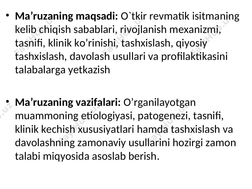 tadi. kichik xoreyaning substrati – yo’l-yo’l tanacha, subtalamik yadrolar, bosh miya po’stloq qavati va miyacha hujayralaridagi o’zgarlardir. teri va teri osti yog’ kletchatkasi zararlanishi vaskulit, endotelioz va o’choqli yallig’lanish infiltrasiyasi bilan namoyon bo’ladi. patogenezi * biriktiruvchi to`qima zararlanishi a-guruhdagi β-gemolitik streptokokkli faringit giperimmun reaksiya antitanalar ishlab chiqariliahi patogen eliminasiyasi klinika kasallik boshlanishi belgilari bemorning yoshi bilan bog’liq. bolalarda anginadan 2-3 hafta o’tib, to’satda tana harorati ko’tariladi, artrit, kardit belgilari kuzatiladi. boshqa bemorlarda monosimptom kechishi mumkin. o’smirlar va yoshlarda asta-sekin subfebril temperatura, yirik bo’g’imlarda artralgiya, karditning ba’zi belgilari bilan boshlanishi mumkin. o’ri qayta xurujlari (residiv) ko’p hollarda streptokokkli infeksiya bilan bog’liq va asosan kardit rivojlanishi bilan namoyon bo’ladi. anamnezida yaqinda o’tkazilgan tomoq infeksiyasi xoreya isitmaa revmatik kardit xalqasimon eritema va teri osti tugunchalari revmatik poliartrit xalqasimon eritema klinikasi taniqli olim - pediatr a.a. kisel (1939) kasallik asosiy belgilariga «kasallikning absolyut simptomokompleksi» deb ta’rif bergan poliartrit, kardit, xoreya alohida uchrashi mumkin, lekin …