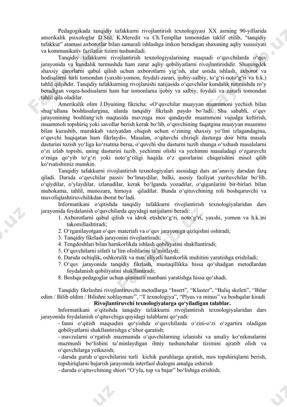 hga yo‘naltirishni nazarda tutadi. c) rivojlantiruvchi ta’limning tarbiyaviy vazifasi o‘quvchilar o‘rtasida hamkorlik, o‘zaro muloqotni yuqori darajada bo‘lishini ta’minlab, ijtimoiy ijodkorlik-tadqiqotchilik, muammoni yechish, loyihalash va bashorat qilishga o‘rgatadi. rivojlantiruvchi ta’lim va an’anaviy ta’limning taqqoslash tizim xususiyati an’anaviy ta’lim rivojlantiruvchi ta’lim ta’limning maqsadi bilim, ko‘nikma va malakalarni berish qobiliyatlarni rivojlantirish. mavjud sharoitda mavzuni o‘rganish orqali o‘zini-o‘zi o‘zgartira oladigan qobiliyatlarni shakllantirish. ta’limni mazmuni o‘qituvchi rejalashtirgan bilim, ko‘nikma va malakalar o‘quvchilarni izlanishi va amaliy ko‘nikmalarini mazmunli bo‘lishini ta’minlaydigan ilmiy tushunchalar tizimi o‘qitish metodlari tushuntirish-namoyish etish metodi. katta hajmdagi o‘quv axborot-larini aytib berish o‘quv materiallarini o‘rganish uchun guruhlarga taqsimlash, topshiriqlar berish, topshiriqni bajarish jarayonida o‘qituvchi va o‘quvchi o‘rtasidagi dialog integrallashgan nom xotira maktabi fikrlash maktabi, ochiq pedagogika pedagog shiori men kabi bajar qanday bajarishni o‘yla va bajar! o‘qituvchi aqidasi men sizdan yuqoridaman men siz bilan birgaman o‘qituvchi roli axborot tashuvchi, bilimlarni, urf-odatlar targ‘ibotchisi o‘quv jarayonining boshqaruvchisi, maslahatchi, o‘quv jarayonini hamkorlikda tashkil etuvchisi pedagog vazifasi bilimlarni …