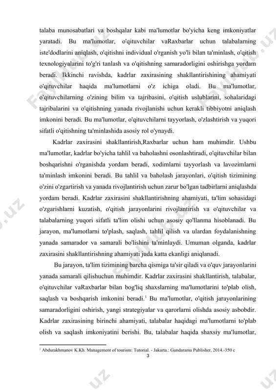 adrlar zaxirasini shakllantirishning ahamiyati, ta'lim sohasidagi o'zgarishlarni kuzatish, o'qitish jarayonlarini rivojlantirish va o'qituvchilar va talabalarning yuqori sifatli ta'lim olishi uchun asosiy qo'llanma hisoblanadi. bu jarayon, ma'lumotlarni to'plash, saqlash, tahlil qilish va ulardan foydalanishning yanada samarador va samarali bo'lishini ta'minlaydi. umuman olganda, kadrlar zaxirasini shakllantirishning ahamiyati juda katta ekanligi aniqlanadi. bu jarayon, ta'lim tizimining barcha qismiga ta'sir qiladi va o'quv jarayonlarini yanada samarali qilishuchun muhimdir. kadrlar zaxirasini shakllantirish, talabalar, o'qituvchilar varaxbarlar bilan bog'liq shaxslarning ma'lumotlarini to'plab olish, saqlash va boshqarish imkonini beradi.[footnoteref:1] bu ma'lumotlar, o'qitish jarayonlarining samaradorligini oshirish, yangi strategiyalar va qarorlarni olishda asosiy asbobdir. kadrlar zaxirasining birinchi ahamiyati, talabalar haqidagi ma'lumotlarni to'plab olish va saqlash imkoniyatini berishi. bu, talabalar haqida shaxsiy ma'lumotlar, o'qitish uslublari, o'qituvchilar bilim darajalari, o'qituvchi-talaba munosabatlari va boshqalar kabi ma'lumotlar bo'yicha keng imkoniyatlar yaratadi. bu ma'lumotlar, o'qituvchilar varaxbarlar uchun talabalarning iste'dodlarini aniqlash, o'qitishni individual o'rganish yo'li bilan ta'minlash, o'qitish texnologiyalarini to'g'ri tanlash va o'qitishning samaradorligini oshirishga yordam …