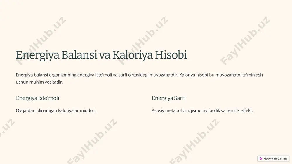 ik faoliyat uchun energiya bilan ta'minlash. 6 turli yosh guruhlari uchun ovqatlanish tavsiyalari turli yosh guruhlari uchun ovqatlanish tavsiyalari farq qilishi mumkin. bolalar, o'smirlar, kattalar va keksa odamlar uchun alohida ehtiyojlar mavjud. bolalar o'sish va rivojlanish uchun oqsillar va vitaminlar. 1 o'smirlar energiya va minerallarga boy ovqatlar. 2 kattalar muvozanatli ovqatlanish va vaznni nazorat qilish. 3 keksalar vitaminlar va minerallar bilan boy ovqatlar. 4 7 jismoniy faollik va ovqatlanishning o'zaro aloqasi jismoniy faollik va ovqatlanish o'zaro bog'liqdir. jismoniy mashqlar energiya sarfini oshiradi, shuning uchun ovqatlanish ham shunga mos bo'lishi kerak. 30% uglevodlar mashqlar uchun energiya. 20% oqsillar mushaklarni tiklash. 50% yog'lar uzoq muddatli energiya. 8 ratsional ovqatlanish rejasini tuzuvchi amaliy maslahatlar ratsional ovqatlanish rejasini tuzish uchun amaliy maslahatlar: maqsadlarni aniqlash, ovqatlanish kunligini yuritish, muvozanatli ovqatlar tanlash. maqsadlarni aniqlash vazn yo'qotish, mushak massasini oshirish yoki sog'lom turmush tarzi. ovqatlanish kunligini yuritish nima yeyayotganingizni kuzatib boring. muvozanatli ovqatlar tanlash har bir ovqatda …
