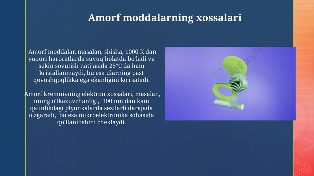 ll shisha hosil boʻlishi uchun sekundiga 106 k ga teng boʻlishi kerak, bu esa juda tez sovishni talab qiladi. amorf metallarning sovutish tezligi 105—1014 k/s gacha yetishi mumkin, bu esa ularni rossiya fanlar akademiyasining moskva shahridagi laboratoriyalarida maxsus texnologiyalar yordamida olish imkonini beradi. optik xossalar ko'pgina amorf materiallar, shu jumladan polimerlar va shisha kabi, to'lqin uzunligiga bog'liq bo'lgan yorug'lik yutilishini namoyish etadi. masalan, taxminan 200-400 nm oralig'ida kuchli ultrabinafsha yutilishi kuzatiladi. amorf silikat shisha, taxminan 1,5 ga teng bo'lgan yuqori sindirish koeffitsiyentiga ega bo'lib, bu ularni linzalarda va boshqa optik qurilmalarda qo'llashga imkon beradi. misol uchun, germaniyada ishlab chiqarilgan maxsus shisha turlari yuqori aniqlikdagi optikada qo'llaniladi. metall shisha metall shishaning mikroskopik tuzilishi, kristalli materiallardan farqli o'laroq, uzoq masofali tartibga ega emas va bu uning 30% gacha yuqori kuchlanishga bardosh berish qobiliyatiga ega bo'lishini ta'minlaydi, bu esa uning qo'llanilishini kengaytiradi. metall shisha, masalan, alyuminiy asosidagi qotishmalar kabi, turli xil metallardan tayyorlanishi …