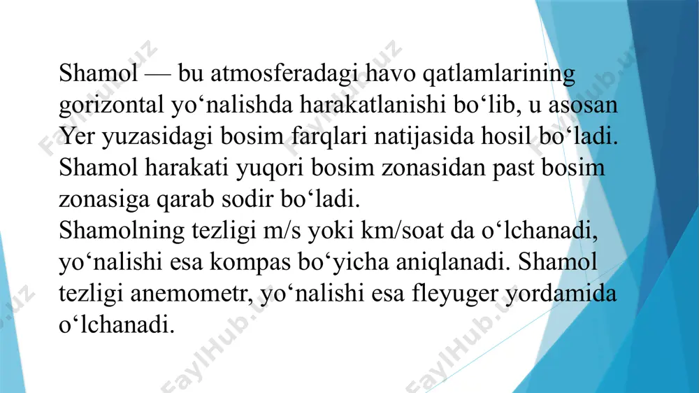 tanani sovuqlashishiga) sabab bo‘lishi mumkin. tabiiy ofatlarni keltirib chiqarishi mumkin – dovullar va to‘fonlar kuchli shamollar natijasida yuzaga keladi va infratuzilmaga zarar yetkazadi. tornadolar va siklonlar katta vayronagarchiliklarga olib keladi. shamollarning ekologiyaga ta’siri atmosfera tarkibini o‘zgartiradi – shamollar chang, tutun va gazlarni bir joydan boshqasiga tarqatadi. o‘rmon yong‘inlarini tarqatishi mumkin – kuchli shamollar yong‘inlarni tez tarqatadi va ularni o‘chirishni qiyinlashtiradi. biologik muvozanatga ta’siri – hayvonlarning migratsiyasiga, o‘simliklarning tarqalishiga va tuproq tarkibiga ta’sir qiladi. xulosa!!! shamollar tabiat va inson hayotining muhim qismi bo‘lib, ularning foydali va zararli tomonlari bor. ular iqlim va ob-havoni boshqaradi, qishloq xo‘jaligi, transport va energetikada katta ahamiyatga ega. biroq, kuchli shamollar tabiiy ofatlar va ekologik muammolarga ham sabab bo‘lishi mumkin. shuning uchun shamollarning tabiiy jarayonlardagi rolini chuqur o‘rganish va ulardan samarali foydalanish muhimdir. image1.jpg image2.jpg image3.jpg image4.jpg /docprops/thumbnail.jpeg