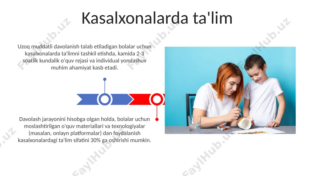 koniyatlarini hisobga oladi. uyda ta'lim olish imkoniyatlari kelajakdagi istiqbollar bolalar psixologiyasi va pedagogikasi sohasidagi mutaxassislar bilan birgalikda ishlab chiqilgan 3 yillik dastur, davolanish jarayonida bolalarning o'qishga bo'lgan qiziqishini 70% gacha oshirishga qodir. kelajakdagi istiqbollar bolalar uchun individual o'quv rejalarini (ior) ishlab chiqishni o'z ichiga oladi, bu esa 10 dan ortiq ta'lim muassasalari bilan hamkorlikni va 50% gacha bolalarning maktabga qaytishini ta'minlaydi. maxsus ta'lim muassasalarida o'qitish davolash jarayonida bolaning ta'limiga 2-3 soatdan kam bo'lmagan vaqt ajratish va uning xususiyatlarini hisobga olgan holda o'quv dasturini tuzish muhimdir. maxsus ta'lim muassasalari, 5 dan ortiq bolalar guruhlarida individual ta'lim rejalari bilan ishlashda, pedagog va tibbiyot xodimlari hamkorligini ta'minlaydi. davolanish jarayonida ta'limning ahamiyati uzoq muddatli davolanishdagi bolalar uchun individual ta'lim rejasi (itr) ularning o'quv ehtiyojlariga moslashtirilgan 1:1 yordamni ta'minlaydi. onlayn ta'lim platformalari va moslashuvchan o'quv materiallari davolanish jarayonida 90% gacha bolaning o'qishga bo'lgan qiziqishini saqlab qolishga yordam beradi. texnologiyalardan foydalanish distantsion ta'limda vr/ar texnologiyalarini qo'llash, …