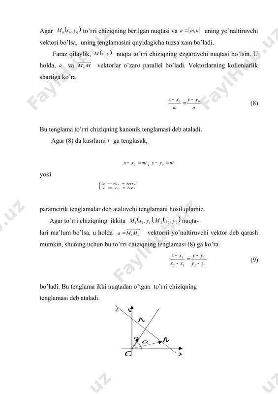 2 5 = + + y x n r х y ( o m ( n � embed equation.3 ��� _1077283716.unknown to’ђri chiziqning boshqa turdagi tenglamalari to’g’ri chiziqning boshqa turdagi tenglamalari reja: 1. ikki to’гri chiziq orasidagi burchak 2. ikki to’гri chiziq tenglamasini birgalikda tekshirish. 3. nuqtadan berilgan to’гri chiziqgacha bo’lgan masofa. agar to’гri chiziqning berilgan nuqtasi va uning yo’naltiruvchi vektori bo’lsa, uning tenglamasini quyidagicha tuzsa хam bo’ladi. faraz qilaylik, nuqta to’гri chiziqning ¢zgaruvchi nuqtasi bo’lsin. u holda, va vektorlar o’zaro parallel bo’ladi. vektorlarning kolleniarlik shartiga ko’ra (8) bu tenglama to’гri chiziqning kanonik tenglamasi deb ataladi. agar (8) da kasrlarni ga tenglasak, , yoki parametrik tenglamalar deb ataluvchi tenglamani hosil qilamiz. agar to’гri chiziqning ikkita nuqta- lari ma’lum bo’lsa, u holda vektorni yo’naltiruvchi vektor deb qarash mumkin, shuning uchun bu to’гri chiziqning tenglamasi (8) ga ko’ra (9) bo’ladi. bu tenglama ikki nuqtadan o’tgan to’гri chiziqning tenglamasi deb ataladi. 2-rasm. endi, …